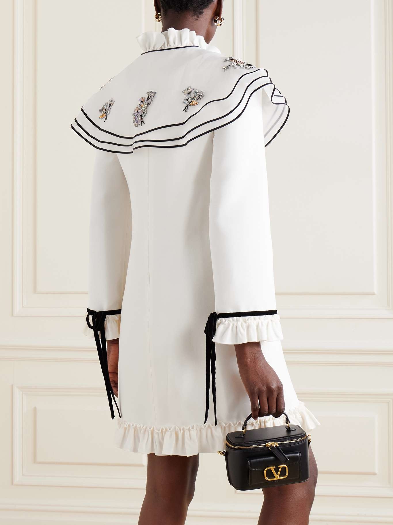 Embellished cape-effect ruffled wool and silk-blend crepe mini dress White - 3