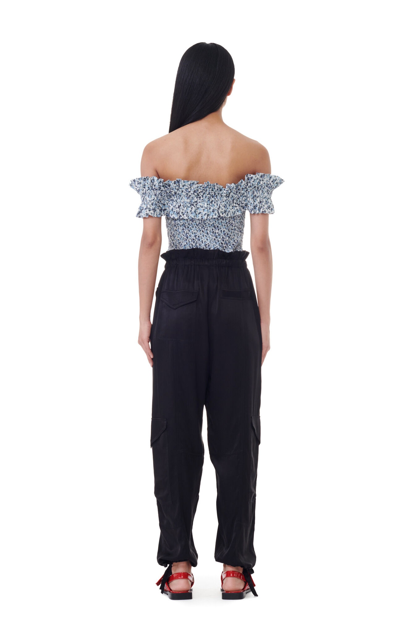 BLACK WASHED SATIN POCKET PANTS - 8