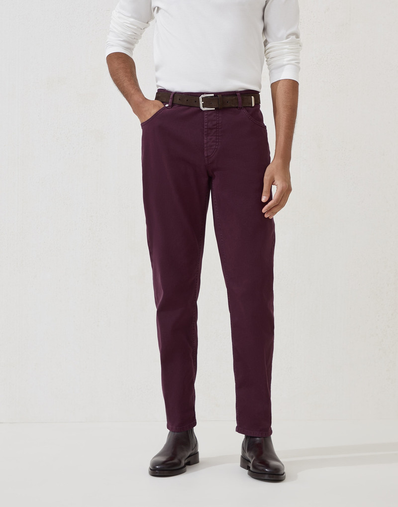 Garment-dyed traditional fit five-pocket trousers in comfort cotton lightweight denim 1