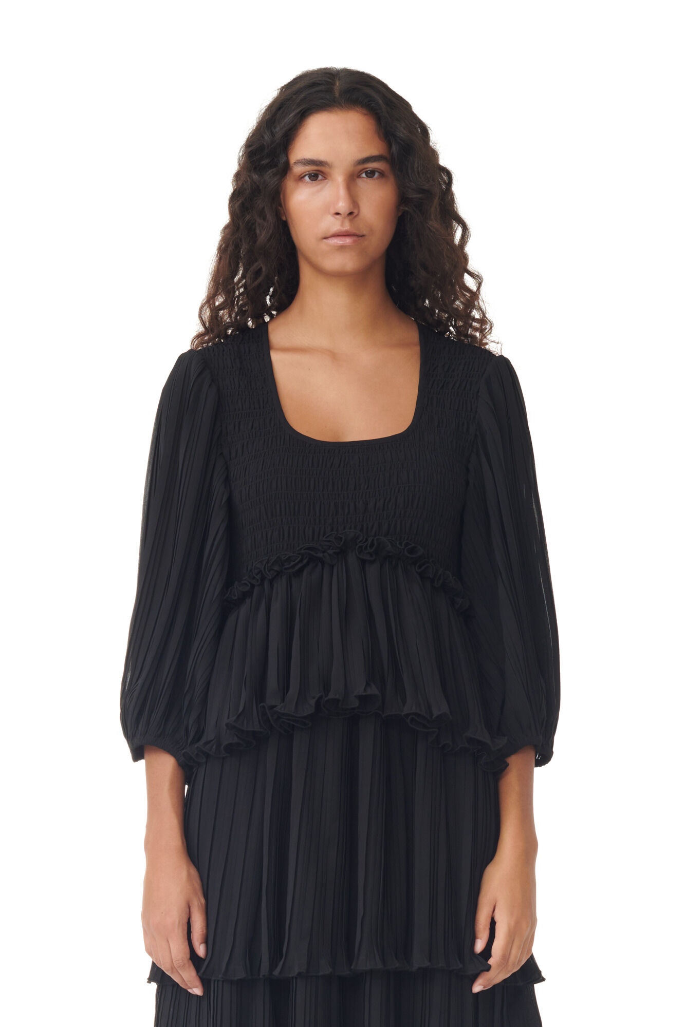 BLACK PLEATED GEORGETTE FLOUNCE SMOCK MIDI DRESS - 6