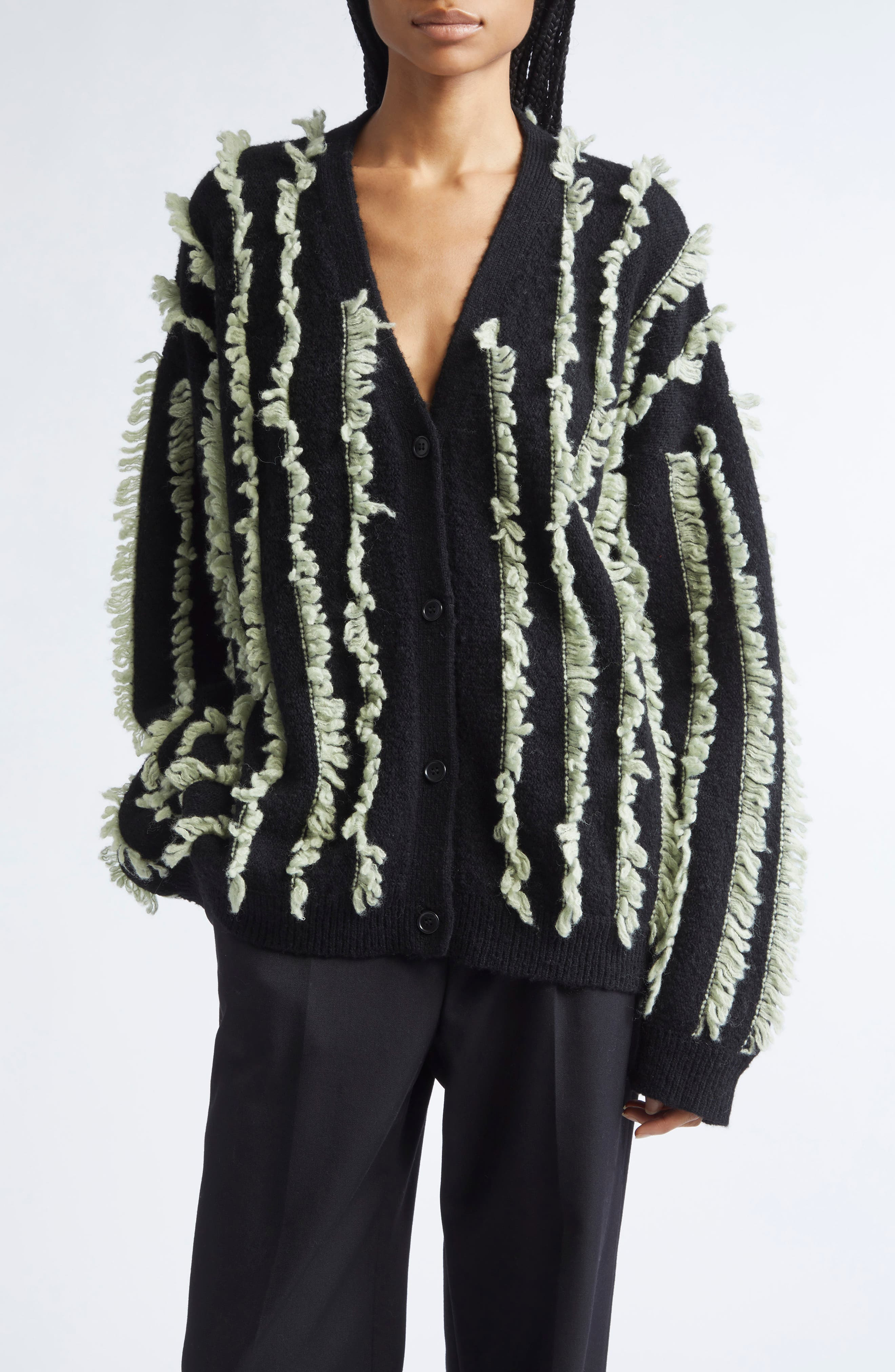 ZANKOV Joseph Fringe Stripe Merino Wool V-Neck Cardigan in Sage/Black Multi at Nordstrom - 1