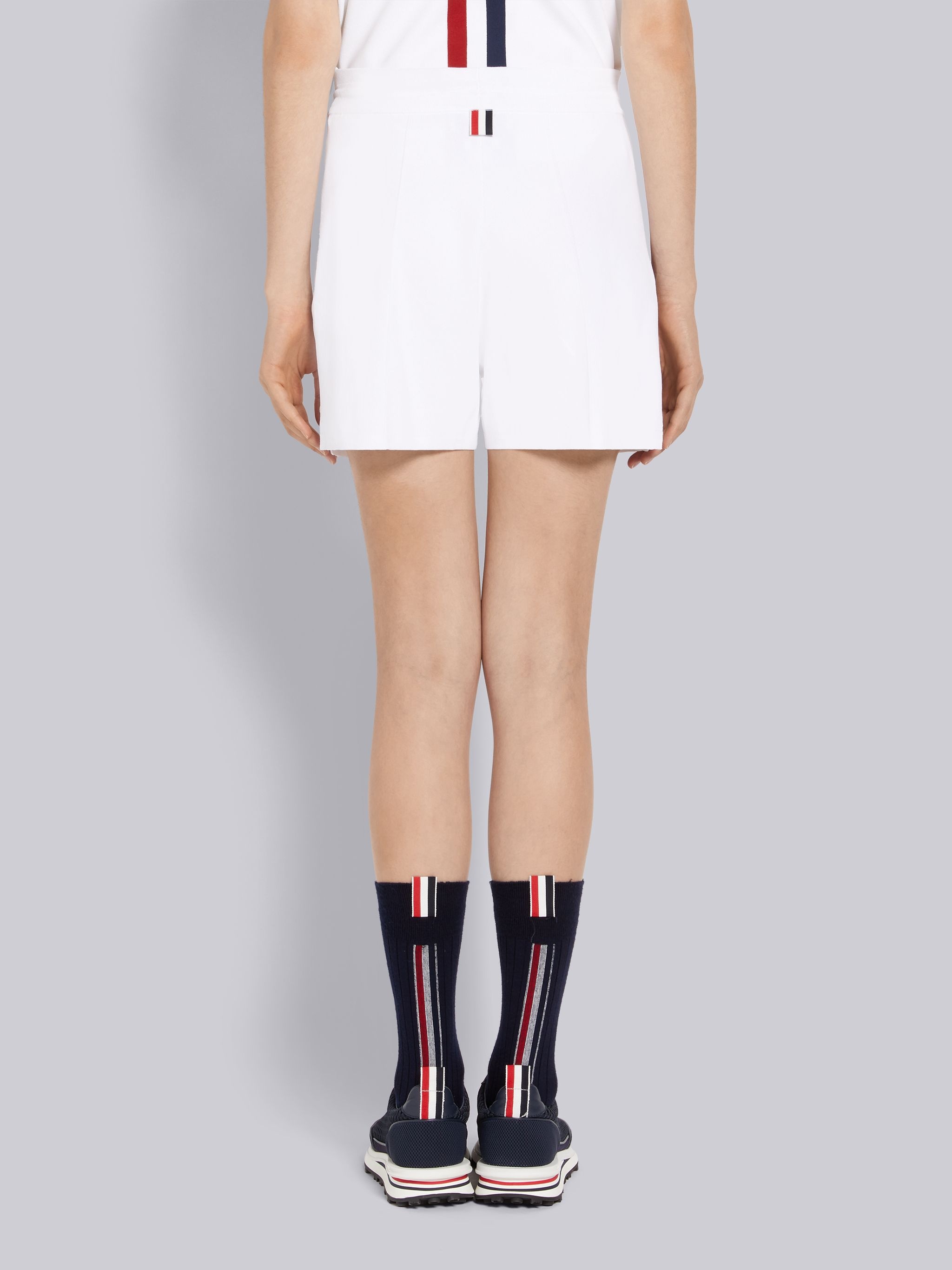White Stretch Viscose Intarsia Side Stripe Pintuck Mid-thigh Shorts - 3