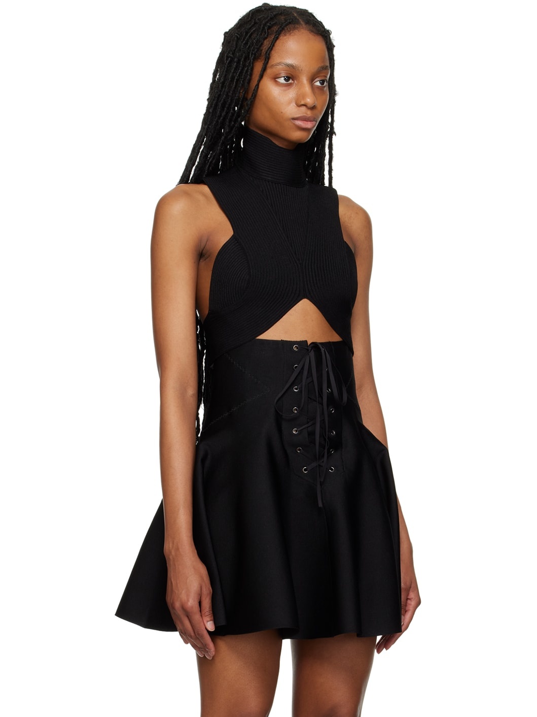 Black Circular Rib Crop Tank Top - 2