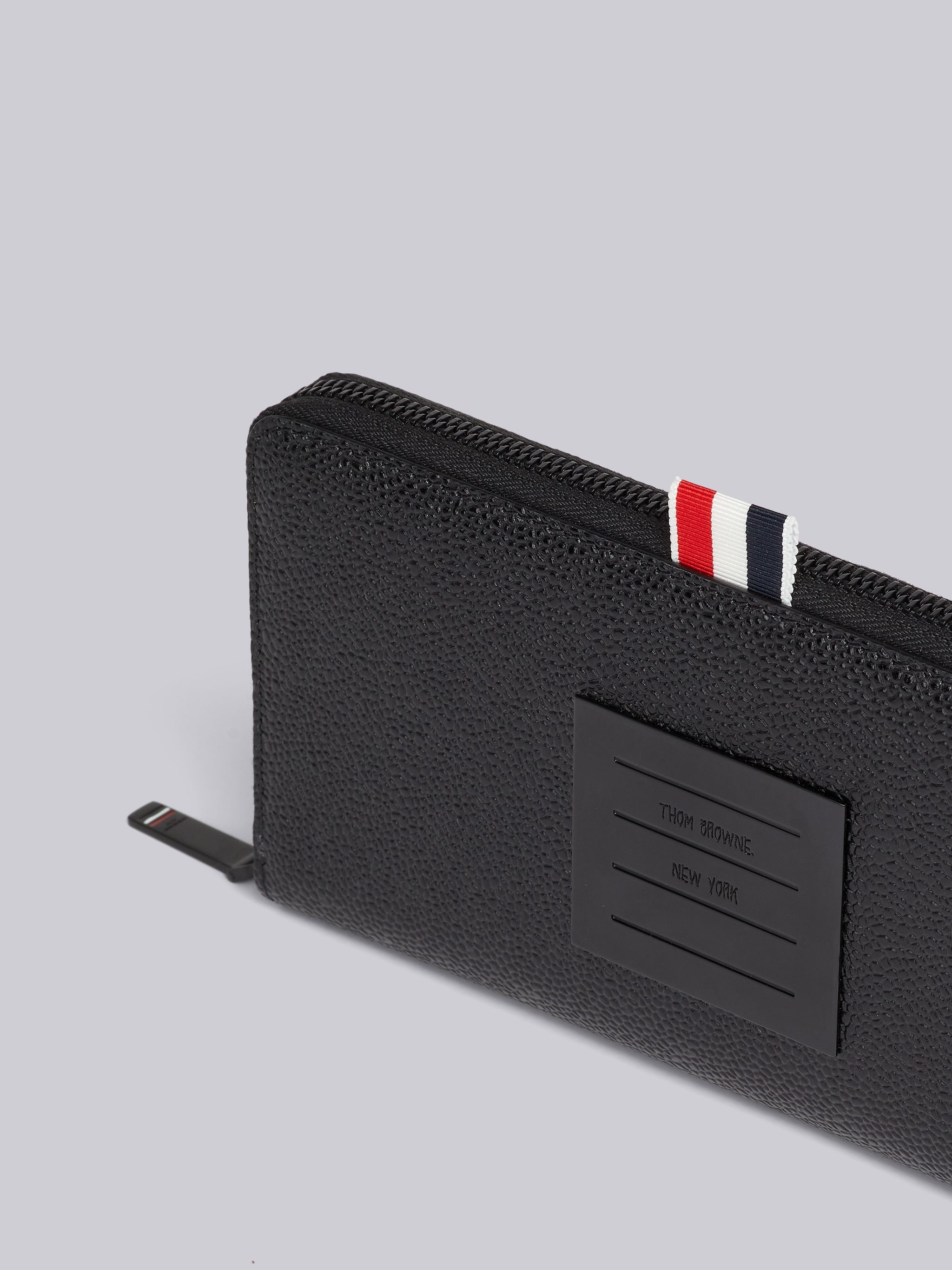 Black Pebble Grain Leather Tonal 4-Bar Brass Label Long Zip Wallet - 2