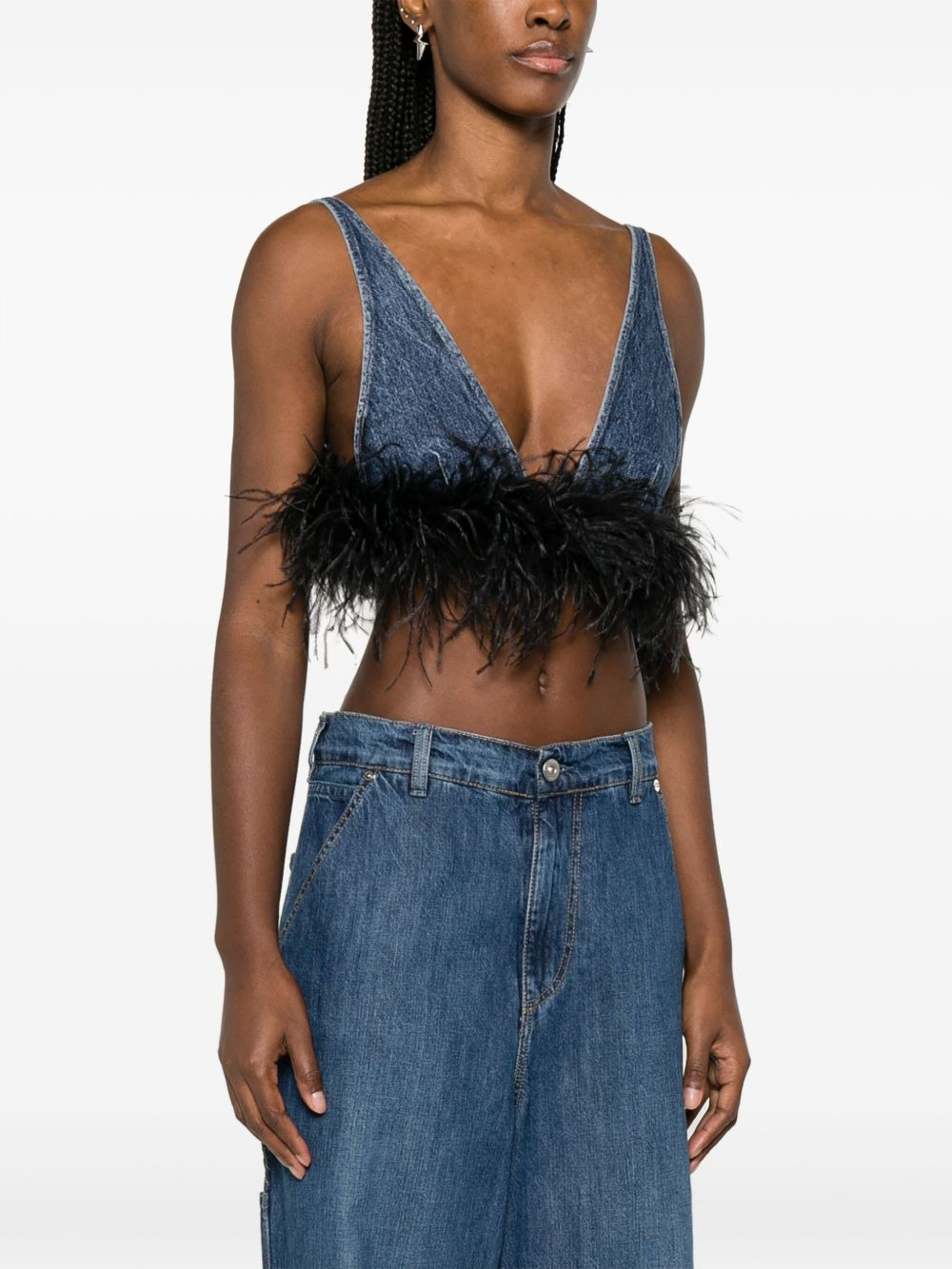 feather-trim denim top - 3