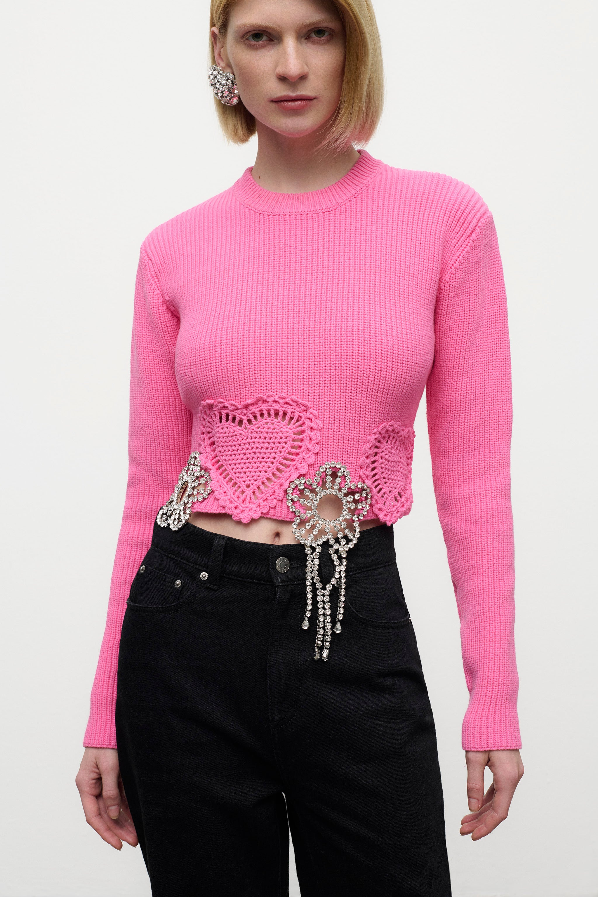 CRYSTAL CROCHET FLOWER CROPPED SWEATER - 5