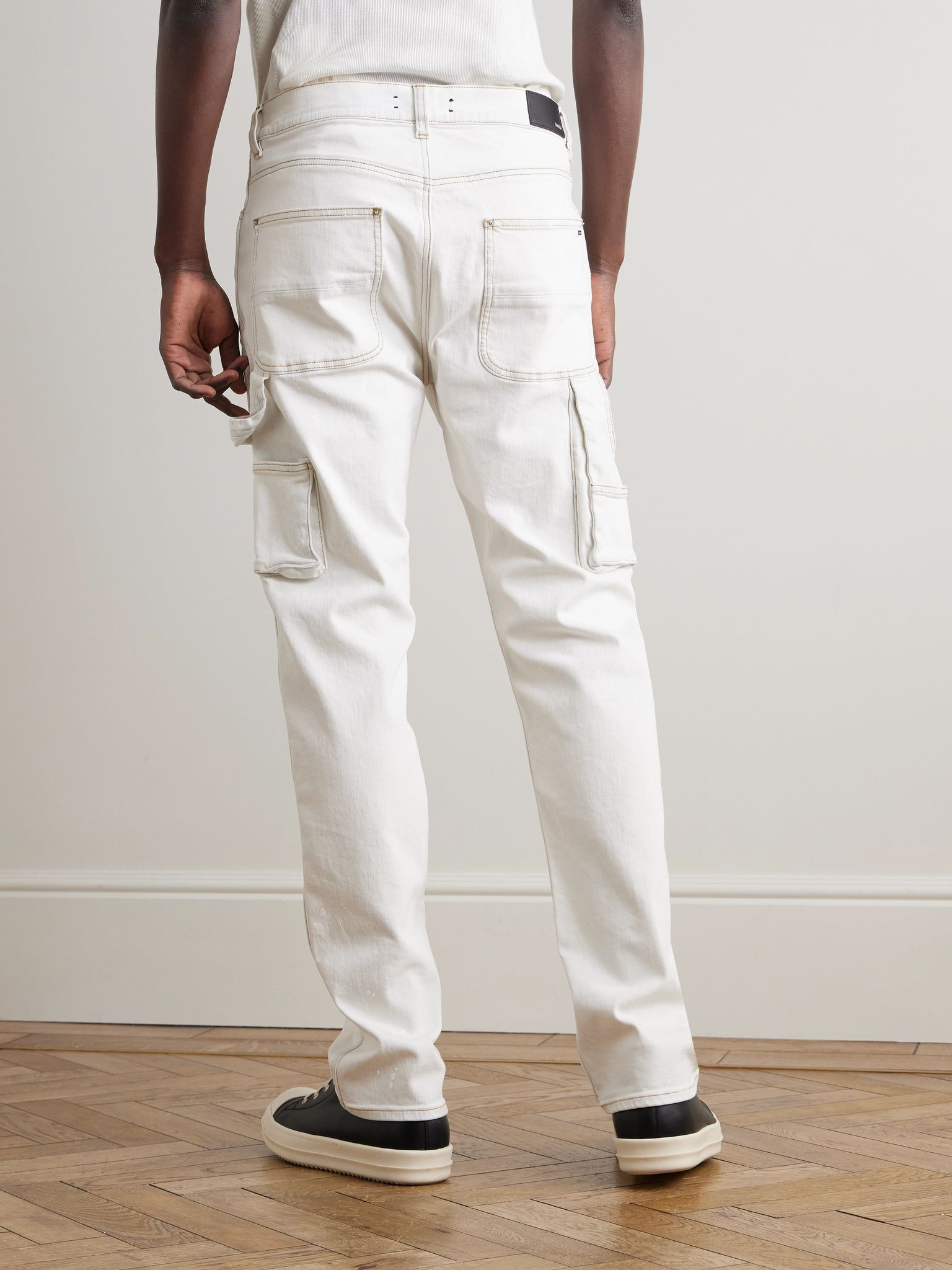Slim-Fit Straight-Leg Logo-Print Paint-Splattered Jeans Blue - 4