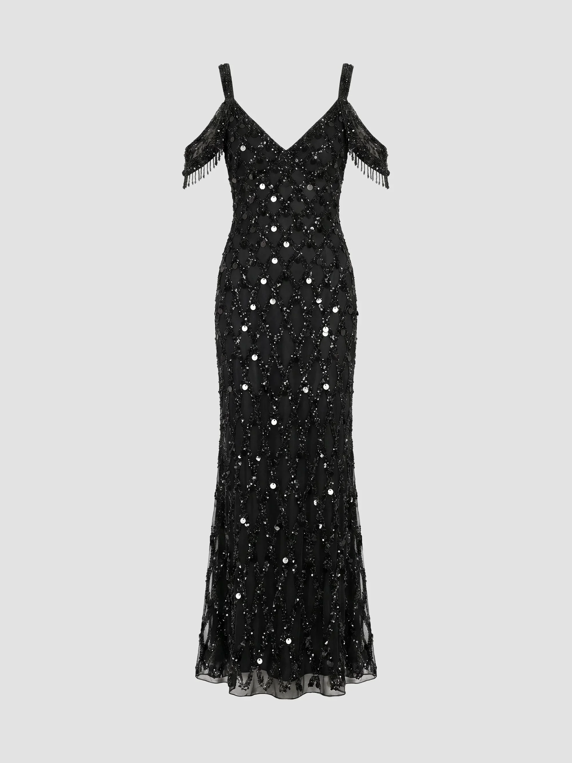 Women's Beaded Mesh Off-The-Shoulder Column Gown - Black - 1