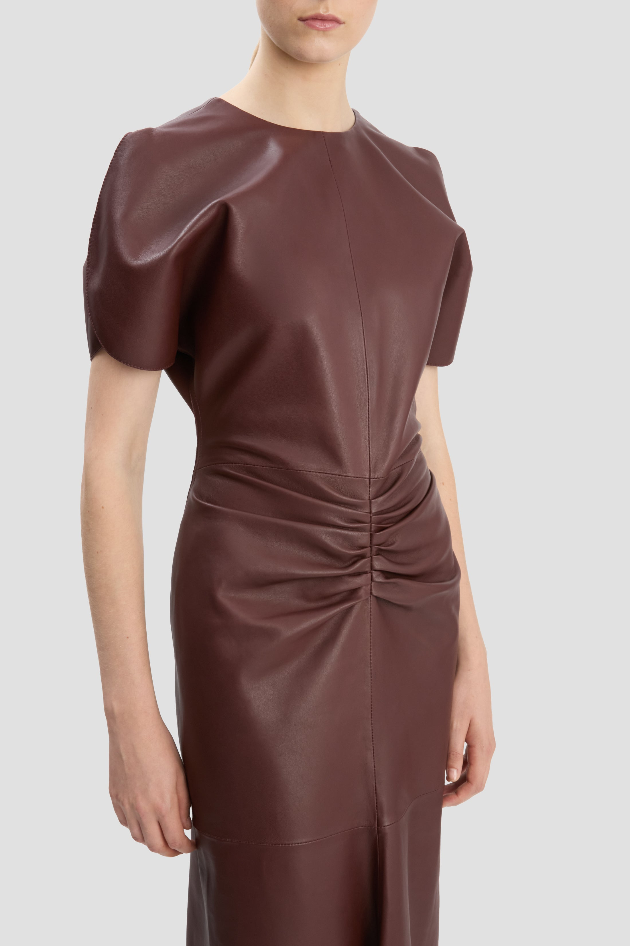 Gathered Waist Midi Dress In Soft Burgundy Leather - 4