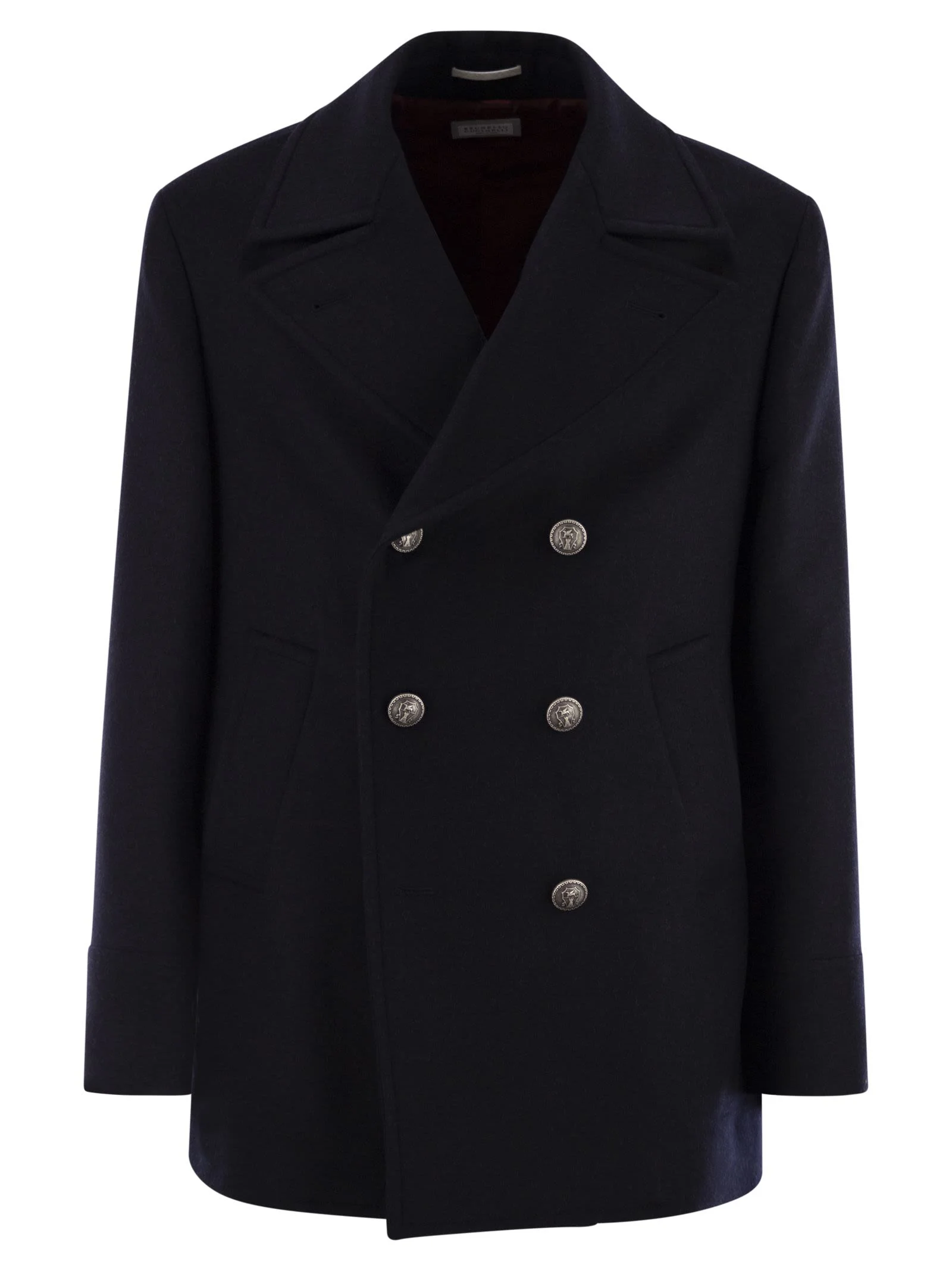 Brunello Cucinelli Men Double Wool Flannel Pea Coat With Metal Buttons - 1