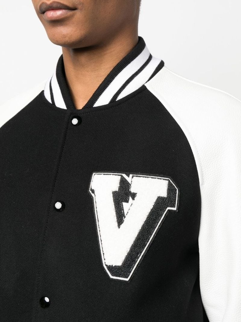 logo-patch leather sleeve bomber jacket - 5