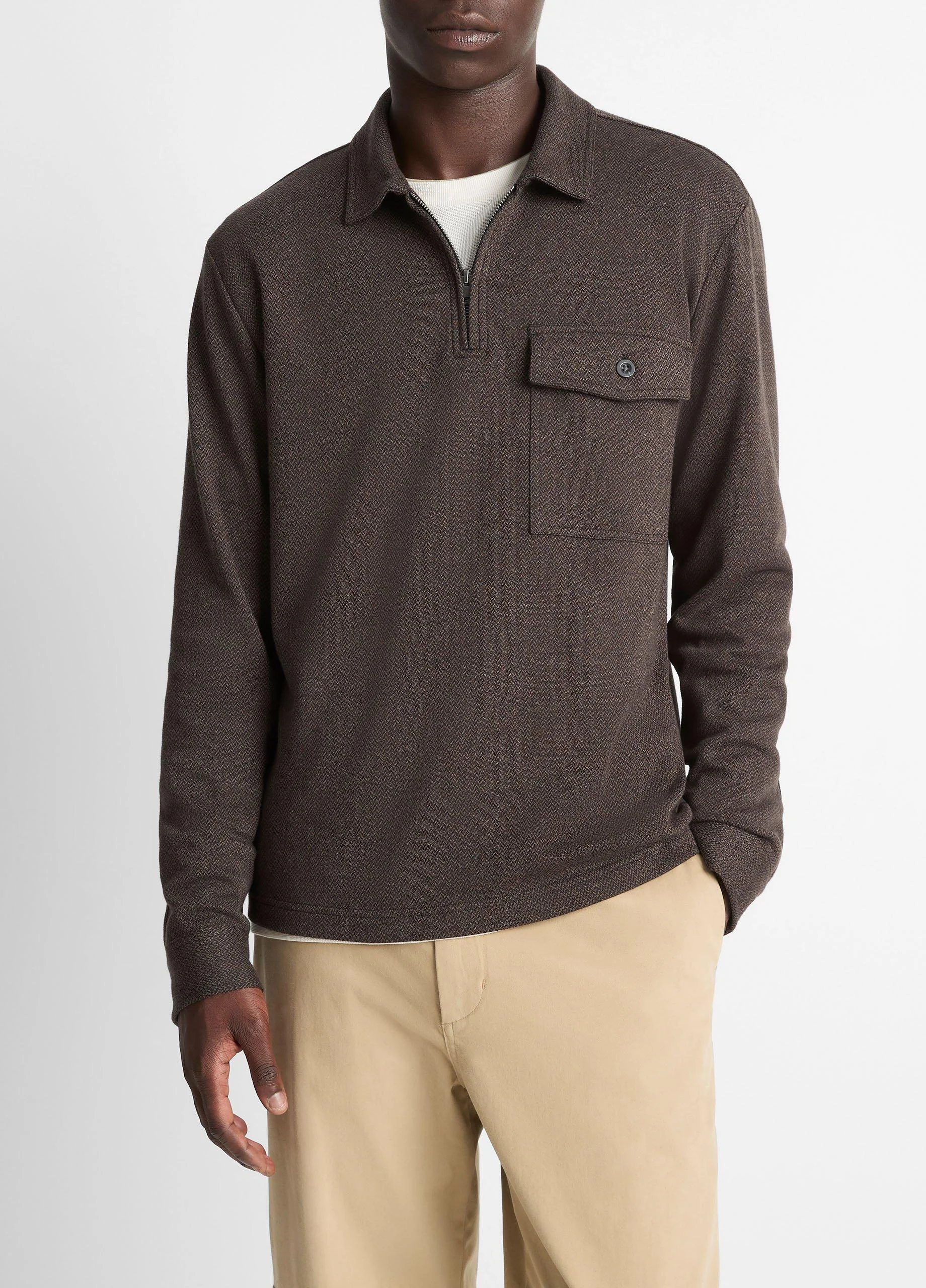 Herringbone Cotton-Blend Zip Polo Shirt - 1