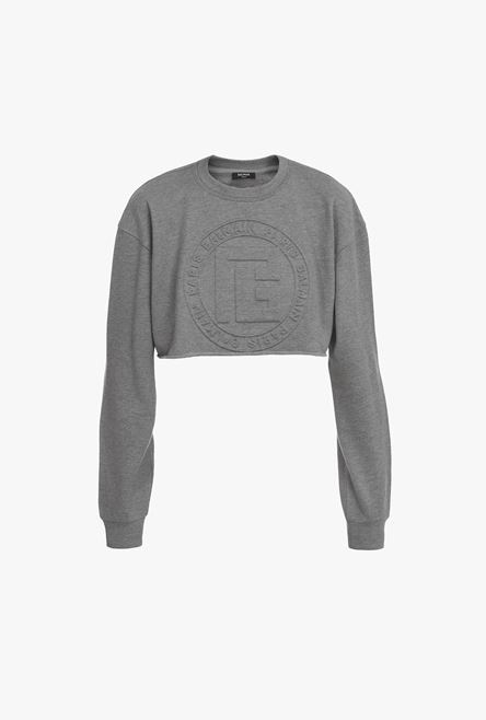 Cropped heather gray sweatshirt with embossed Balmain logo - 1