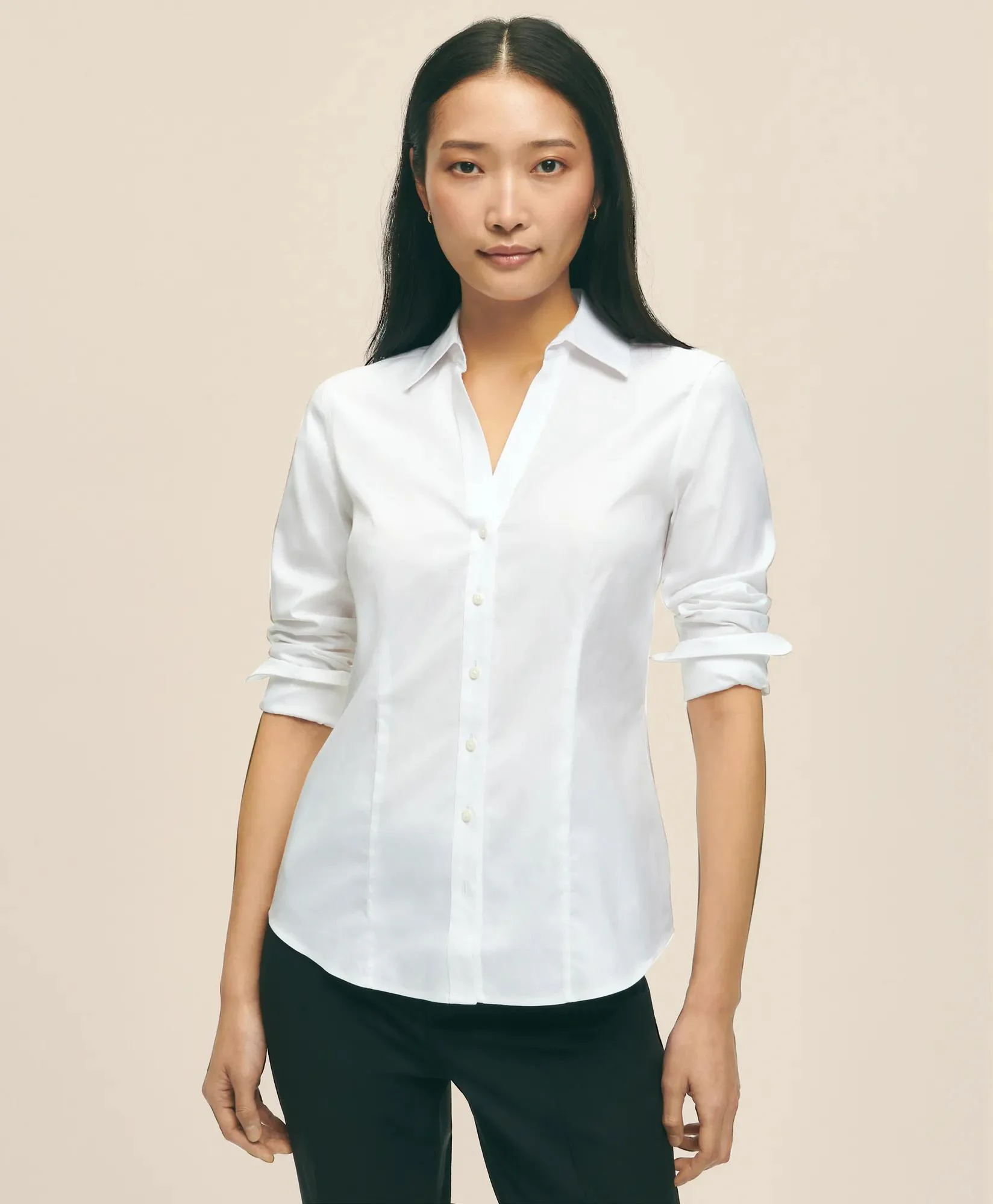 Fitted Non-Iron Stretch Supima® Cotton Open V-Neck Dress Shirt - 1