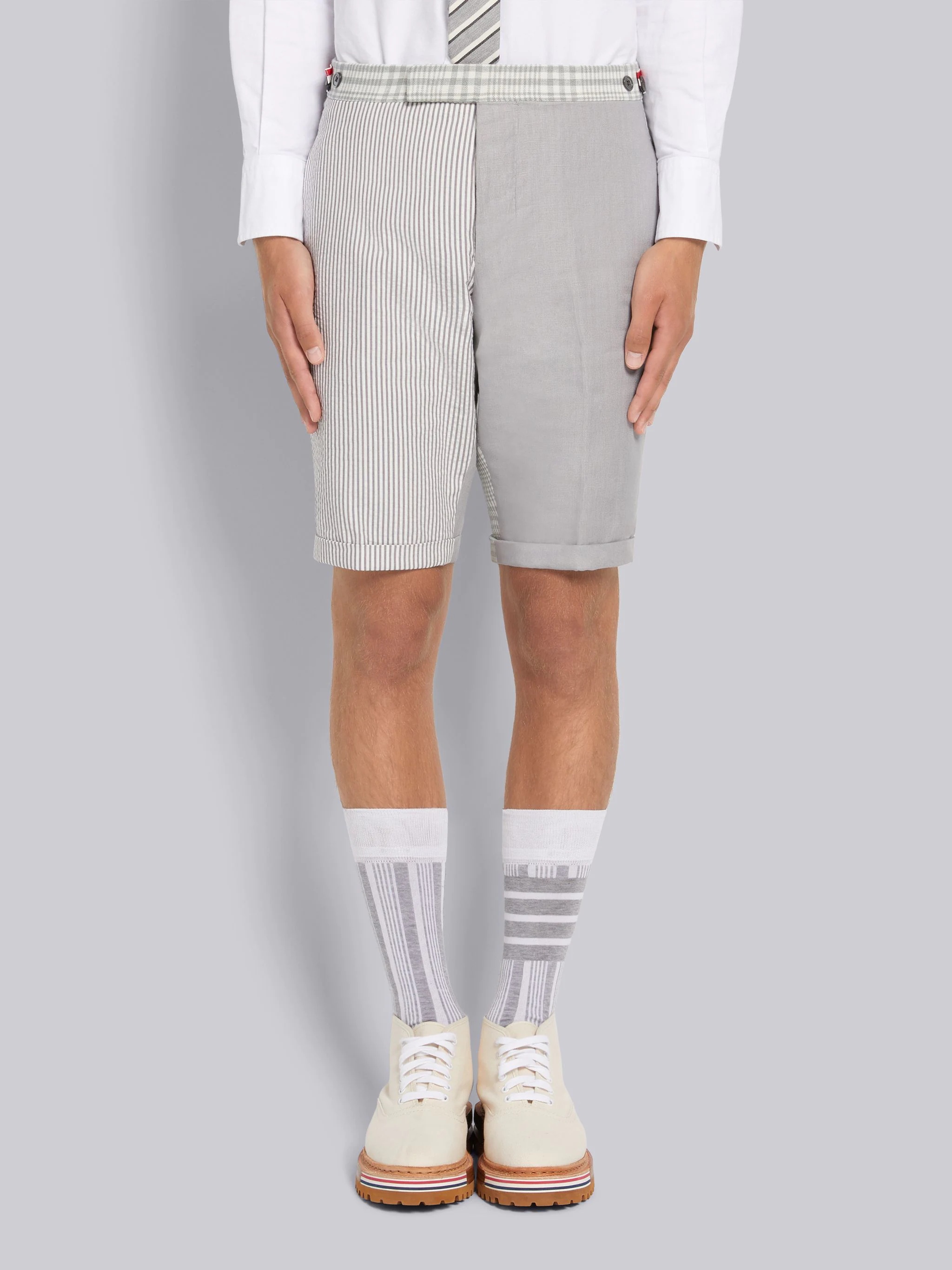 Light Grey Fun-Mix Crispy Linen Low Rise Skinny Side Tab Short - 1