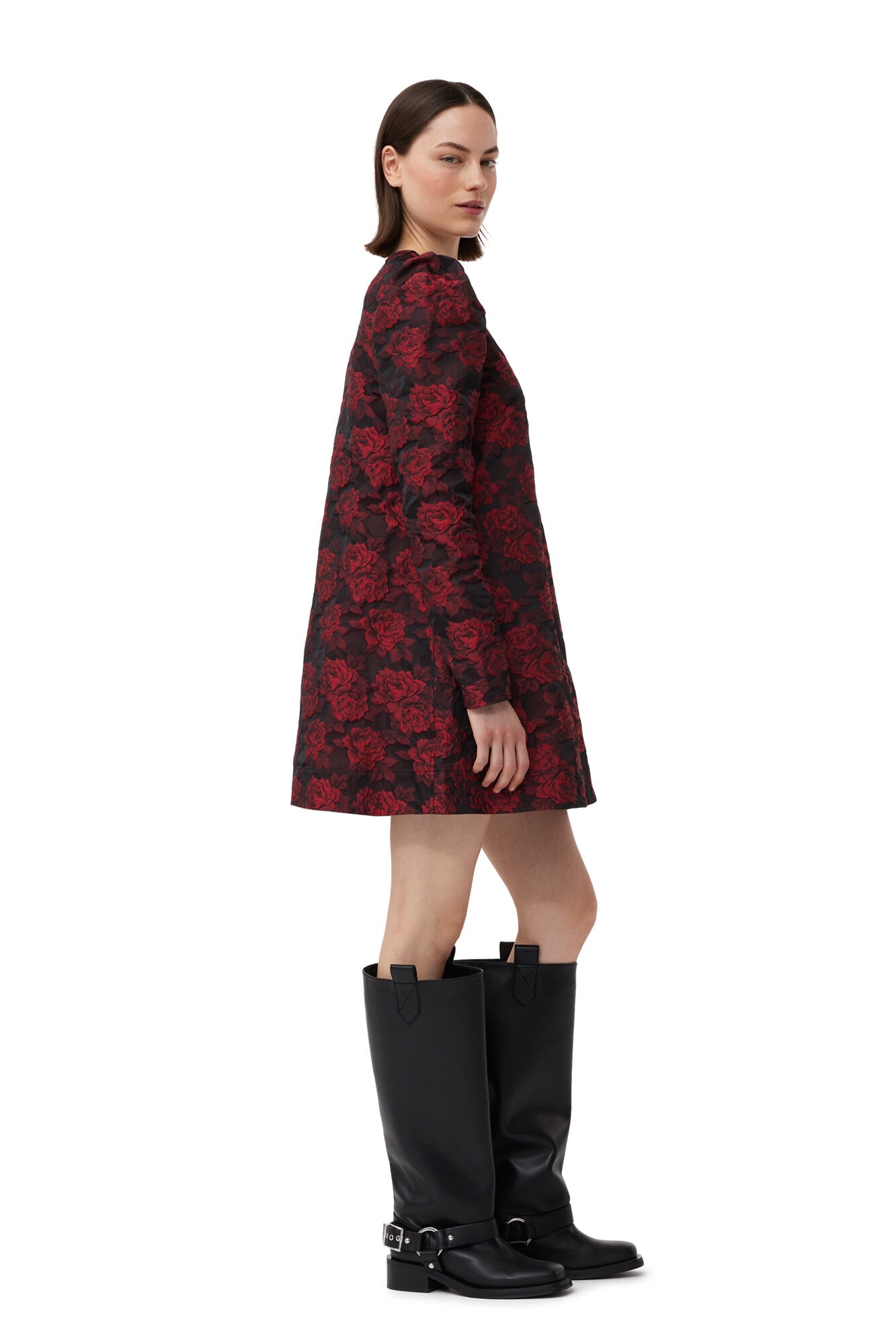 RED BOTANICAL JACQUARD MINI DRESS - 4