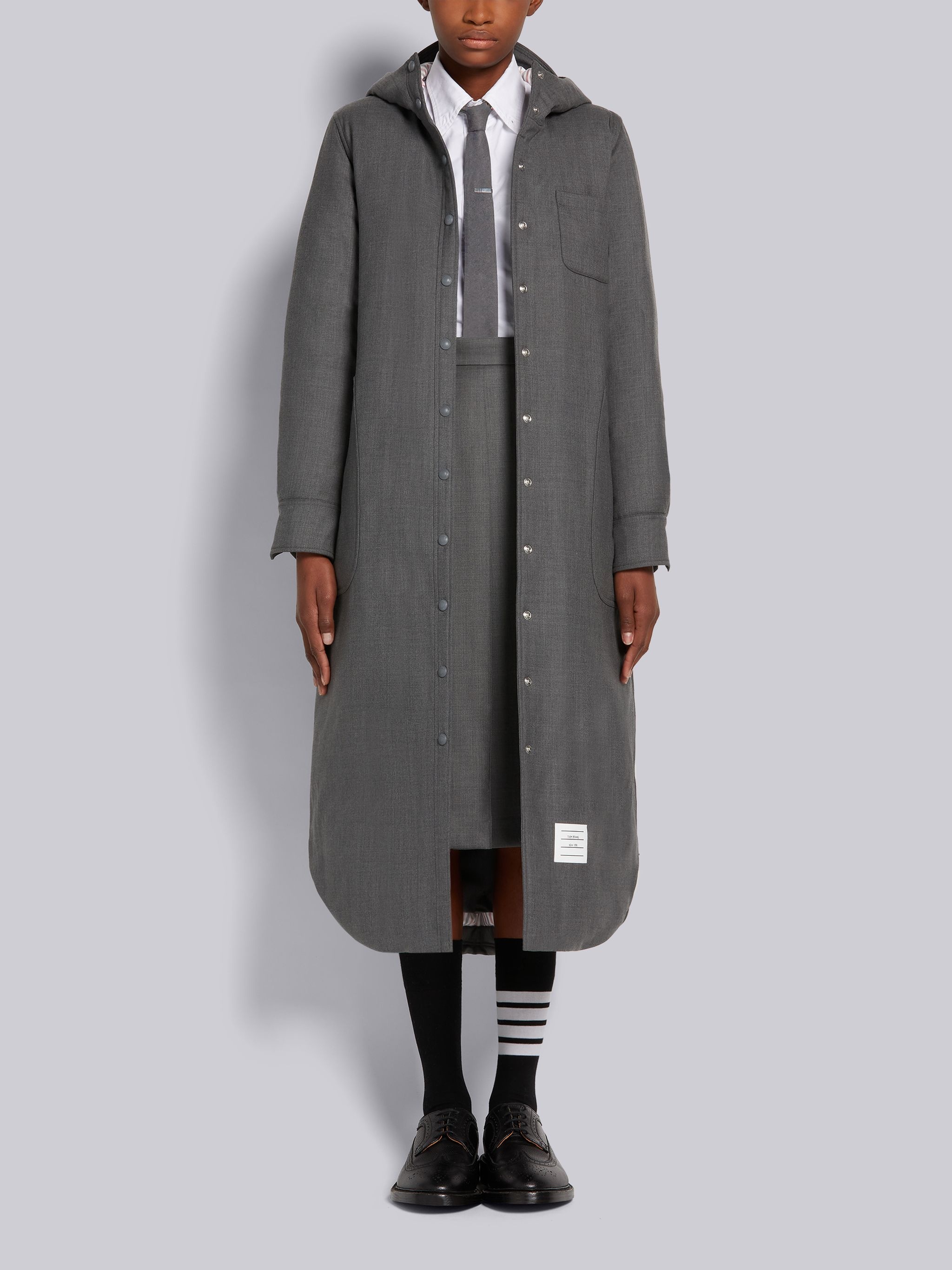 Medium Grey Down-filled Super 120's Wool Twill Drawstring Mid-calf Hooded Shirtdress - 3