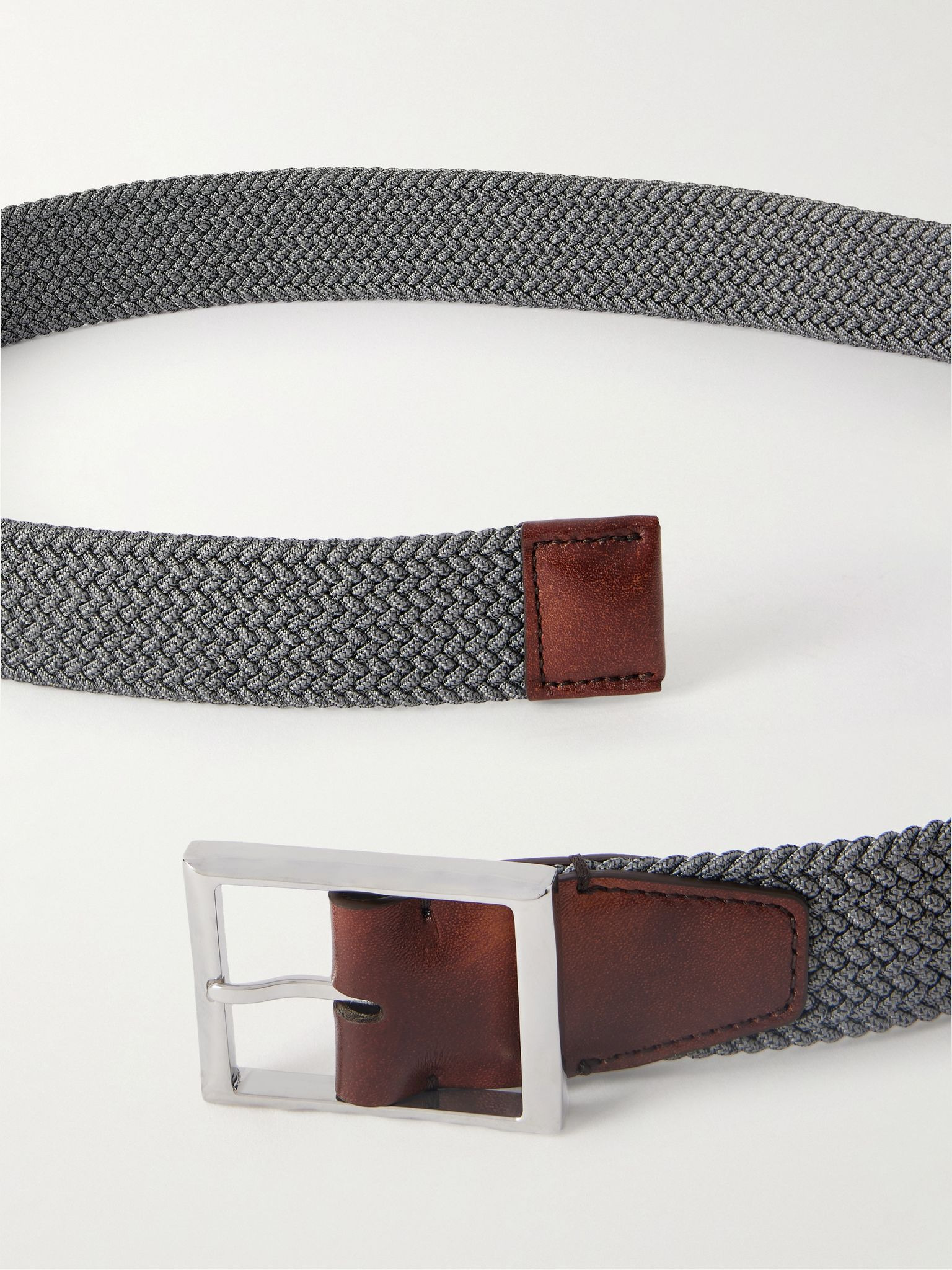 3.5cm Leather-Trimmed Woven Elastic Belt Gray - 2