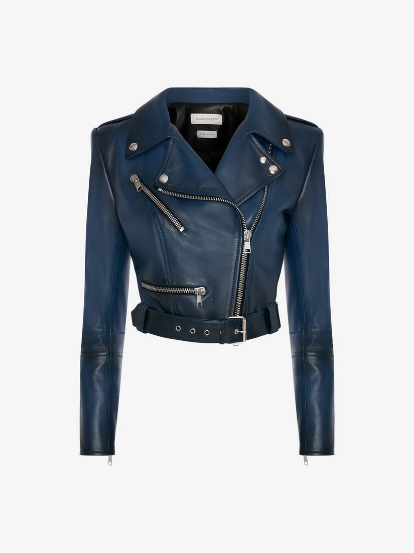 Leather Biker Jacket in Midnight Blue - 1