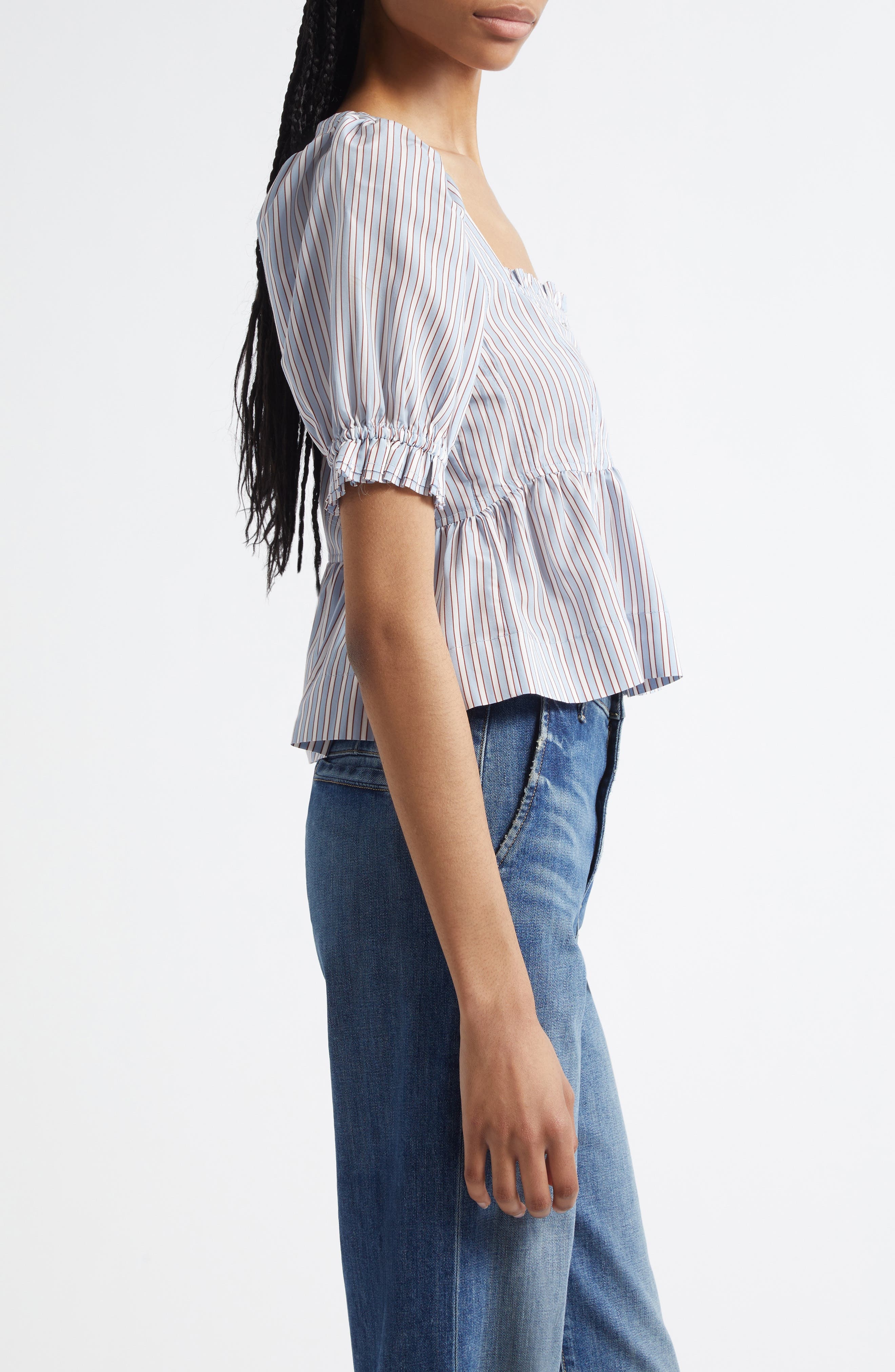 Ganni Yarn Dye Flounce Puff Sleeve Top in Soft Chambray at Nordstrom - 3