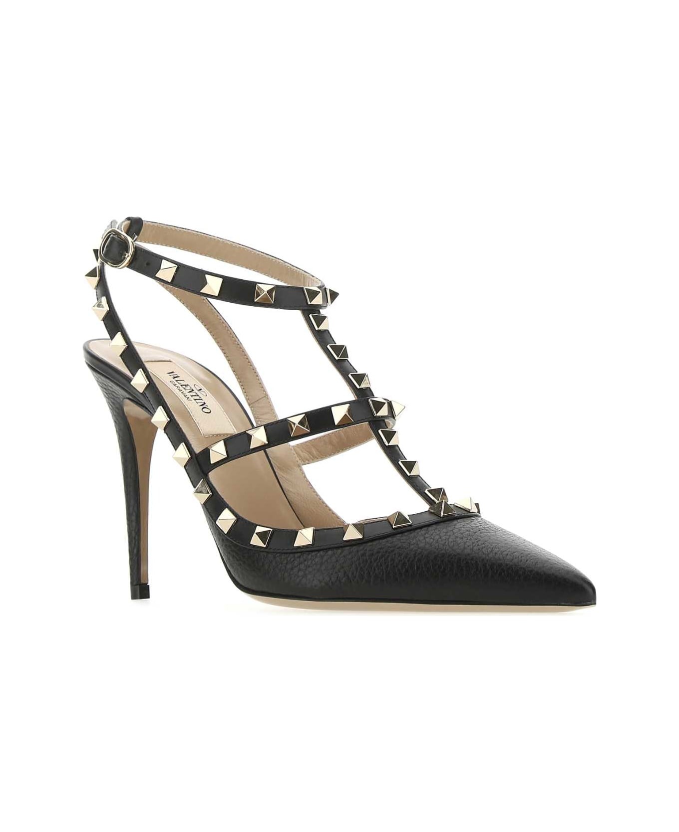 Black Leather Rockstud Pumps - 2
