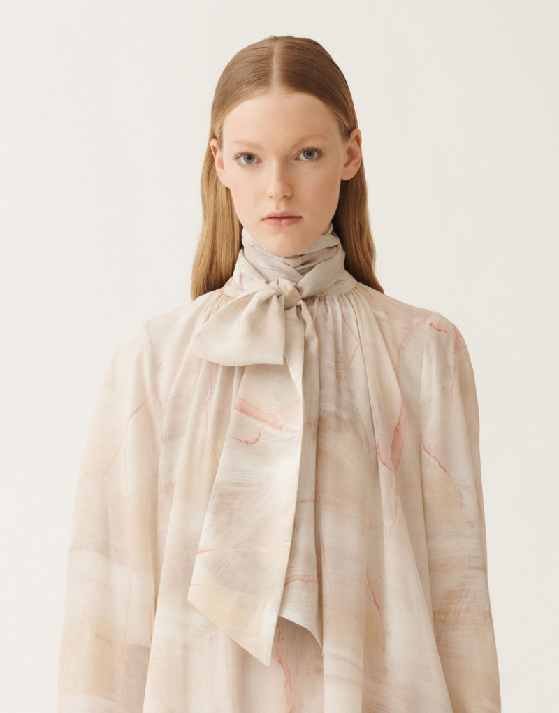 Printed crepe de chine dress, butter 5