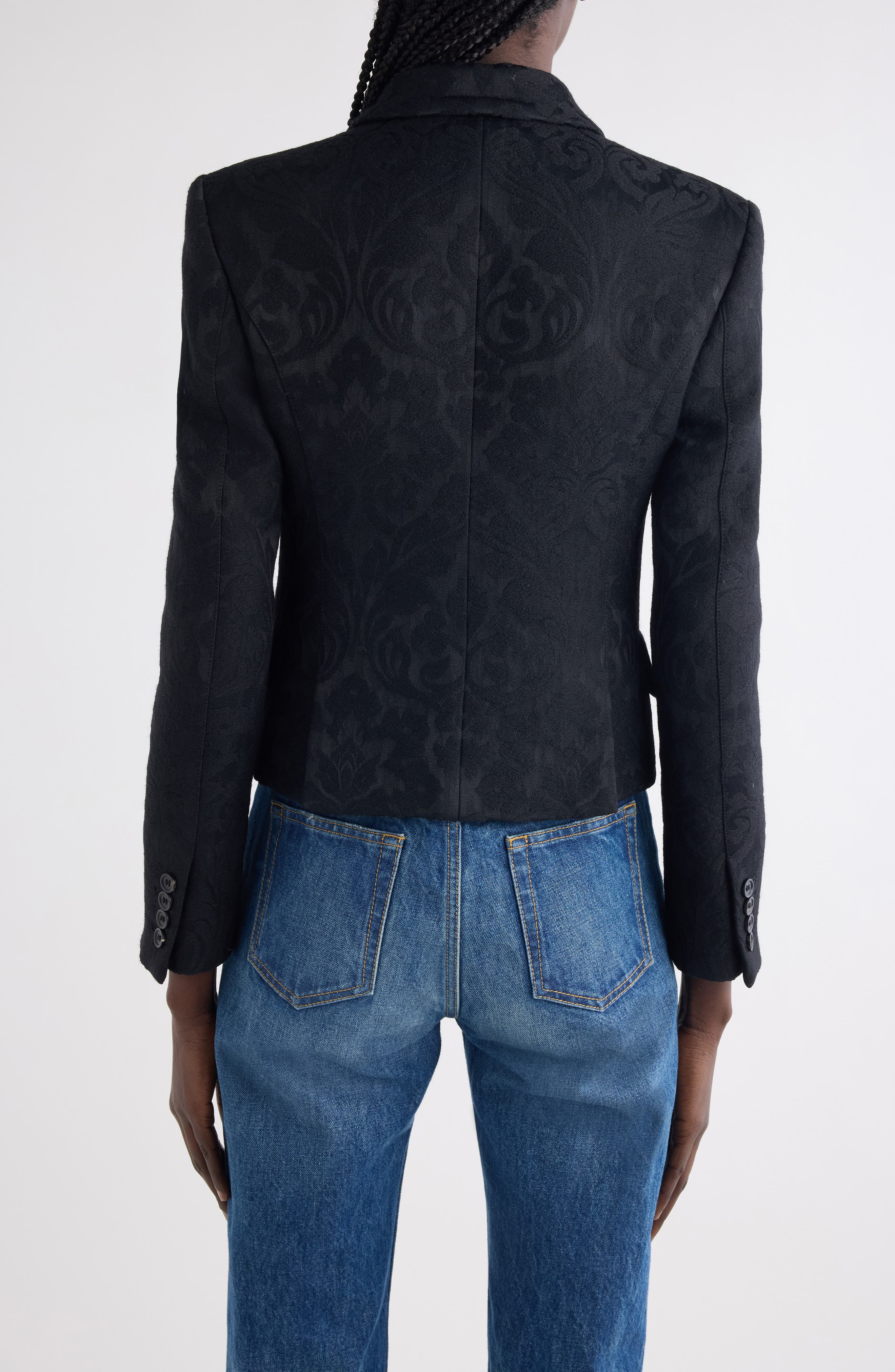 Chloé Double Breasted Floral Jacquard Wool Blend Crop Jacket in Black at Nordstrom - 3