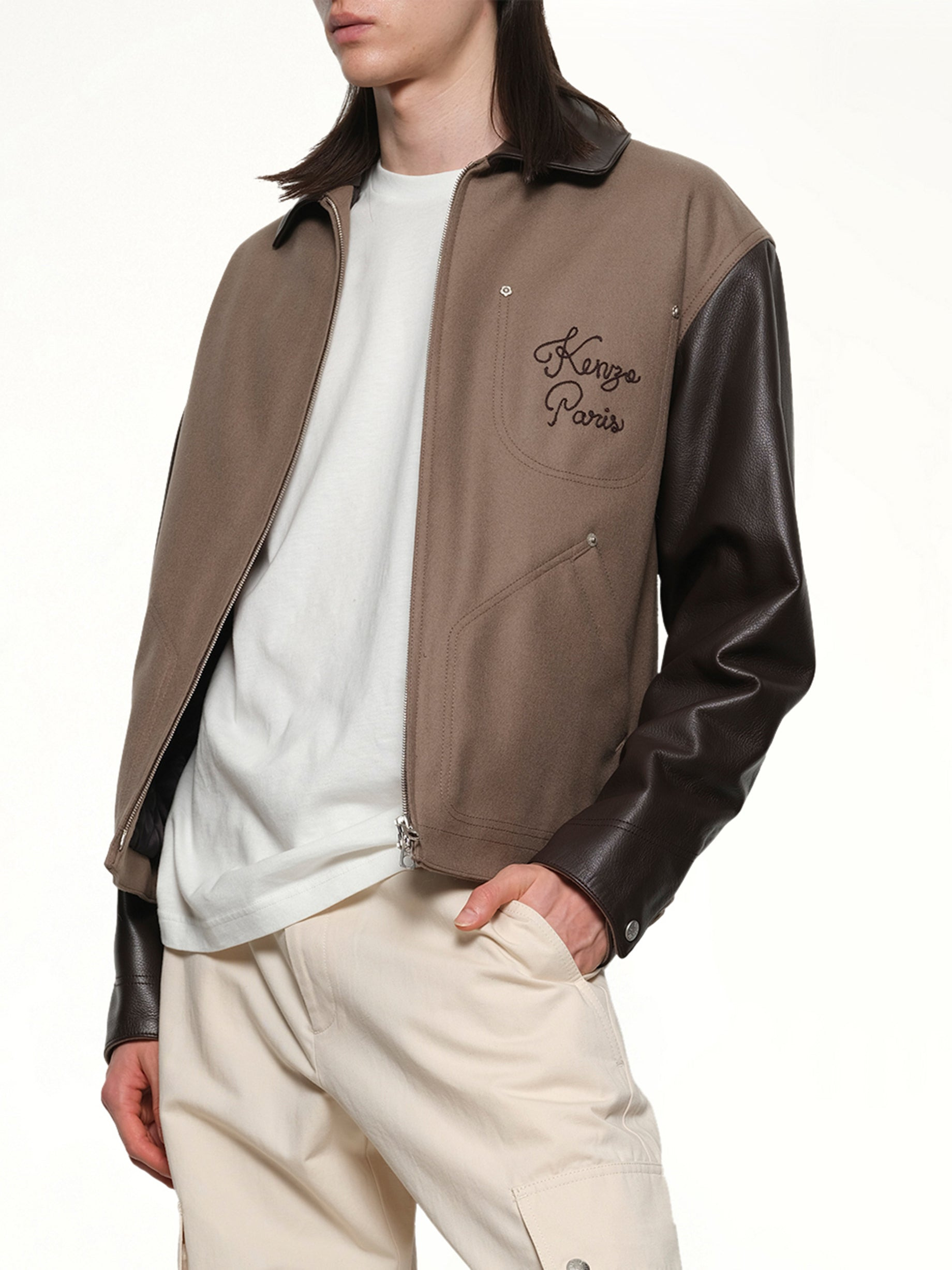 Kenzo Paris Chainstitch Leather Wool Blouson in Taupe - 6