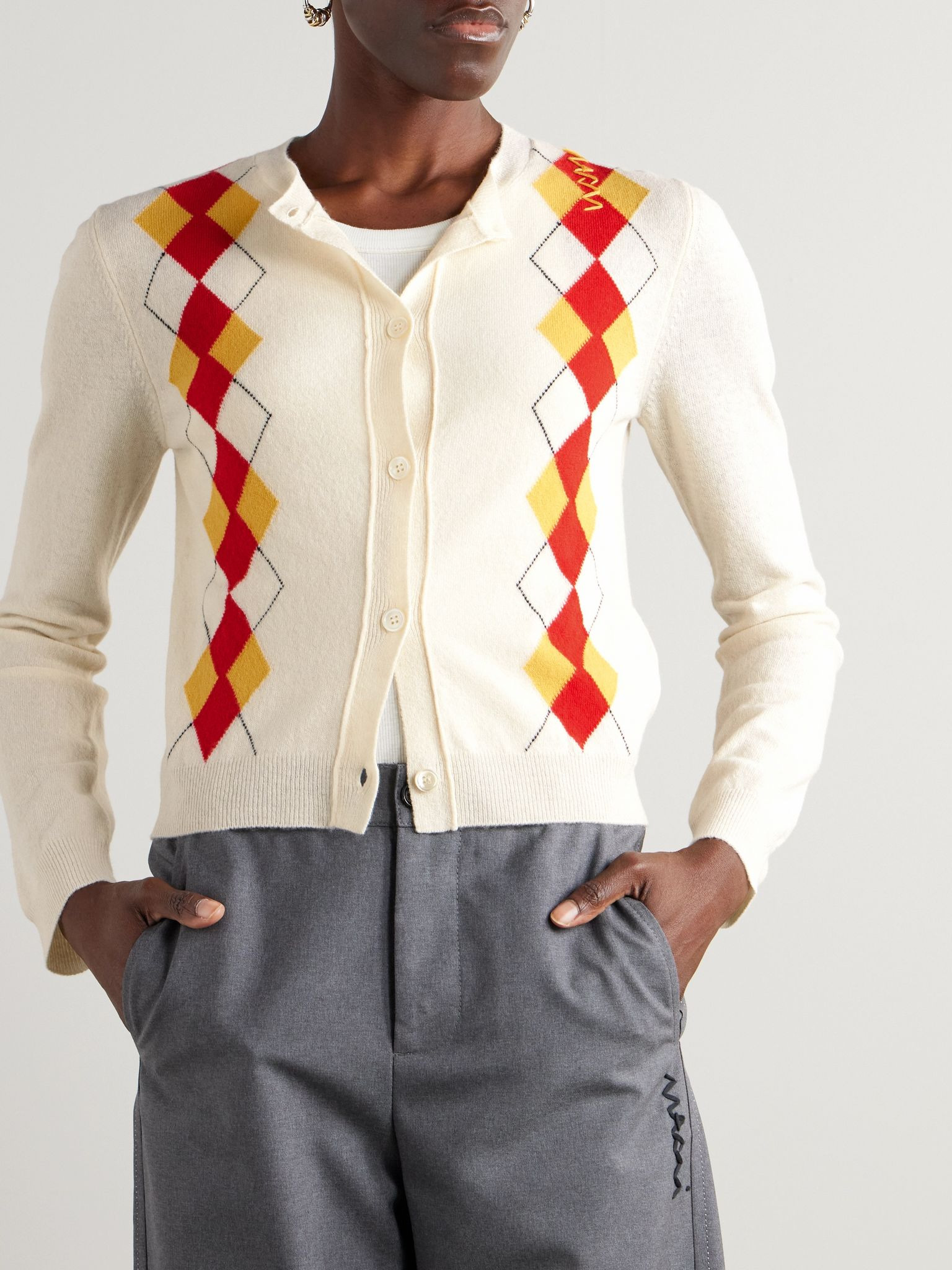 Cropped embroidered argyle wool cardigan Cream - 3