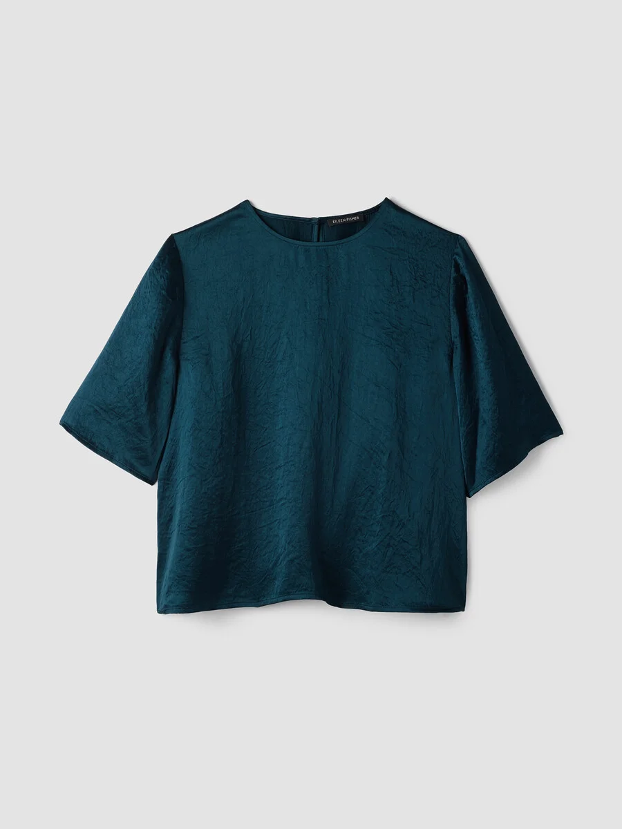 Textured Satin Round Neck Elbow-Sleeve Top - 1