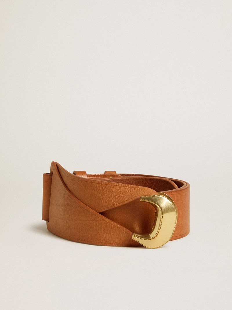 Brown leather belt with semi-circular gold buckle 1