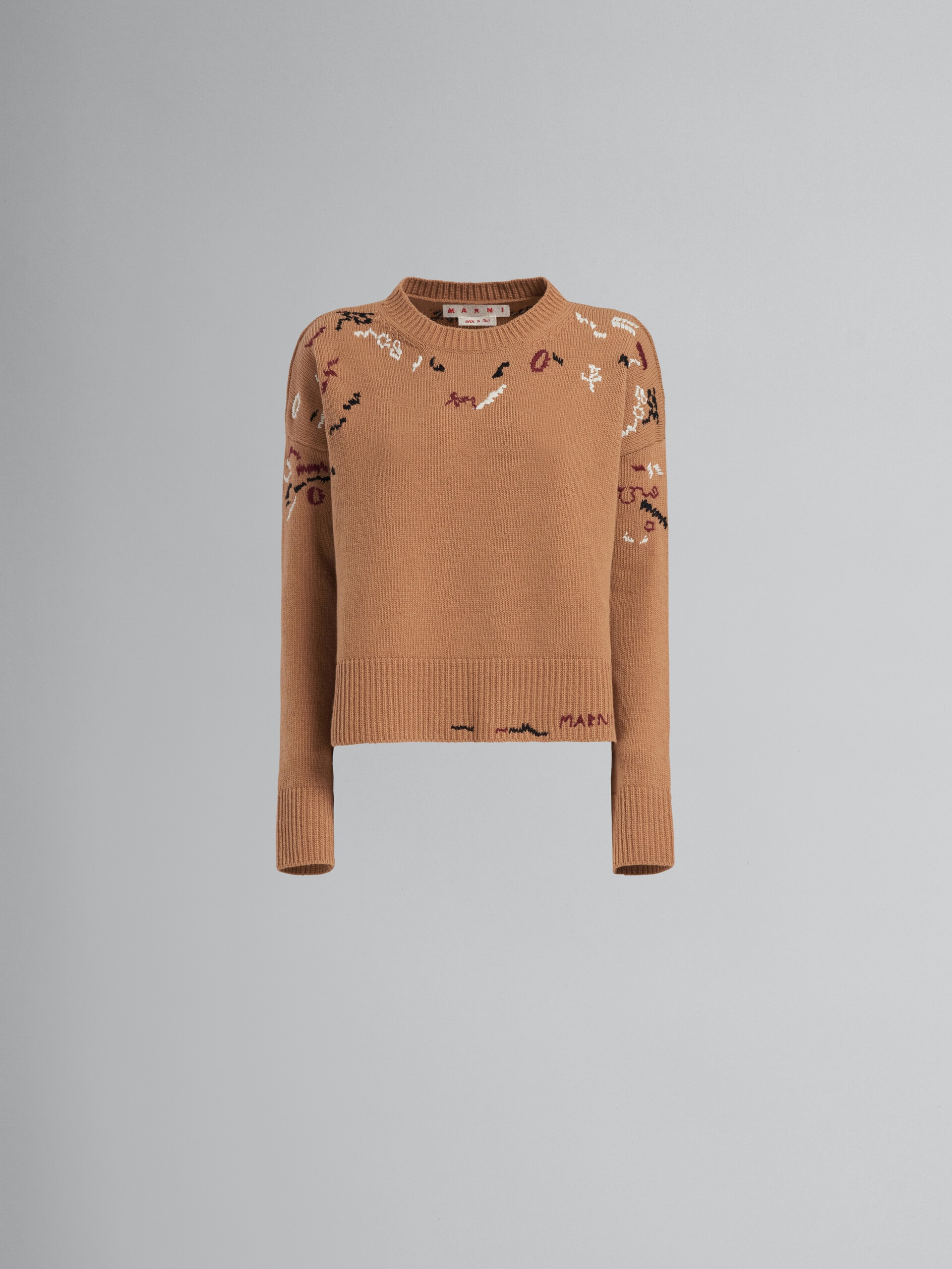 BEIGE CREWNECK SWEATER WITH RAW-EDGE DETAILING - 1