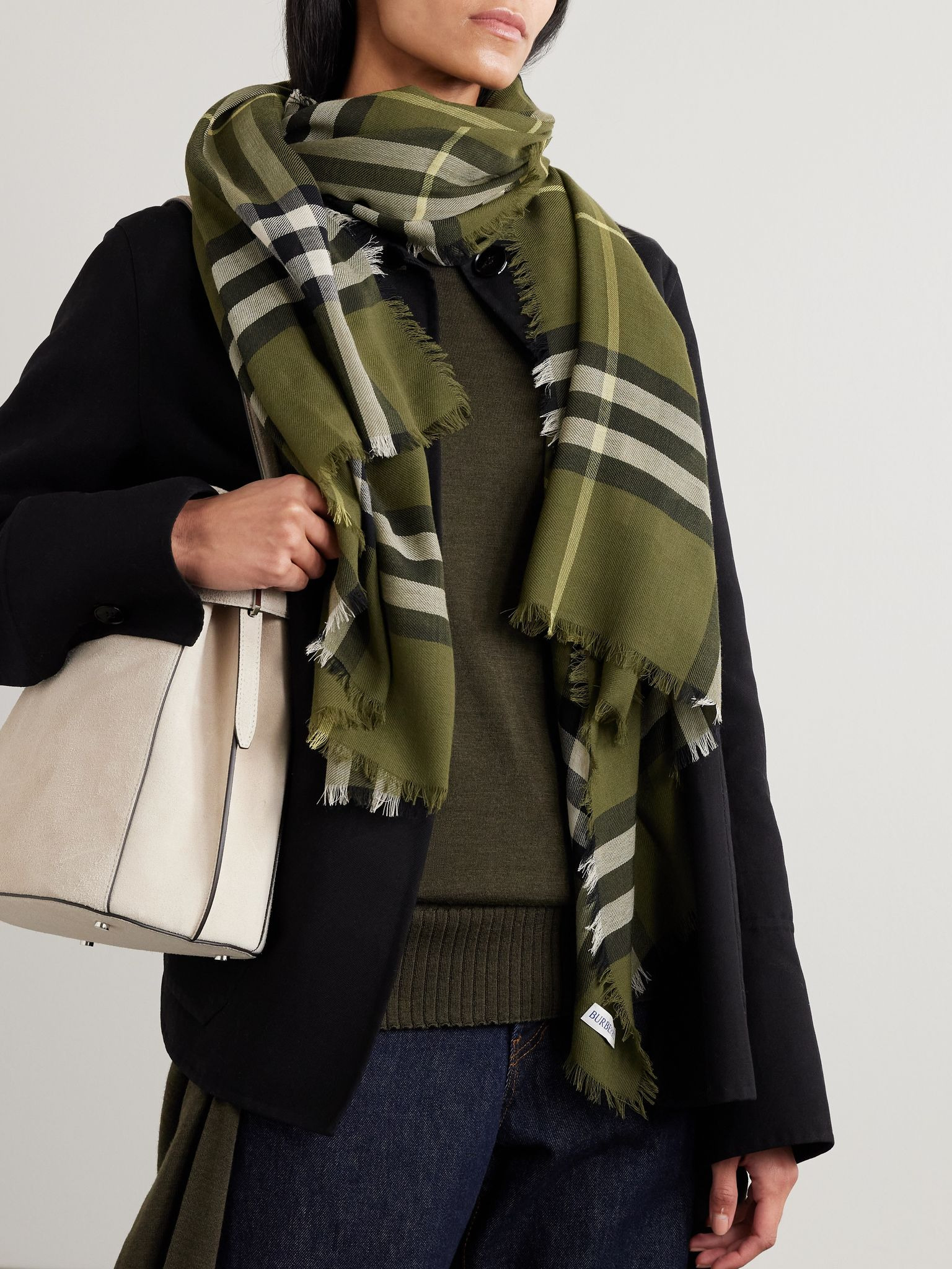 Checked fringed wool scarf Forest green - 2