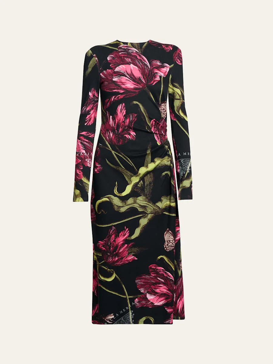 Floral Long-Sleeve Draped Midi Dress - 1