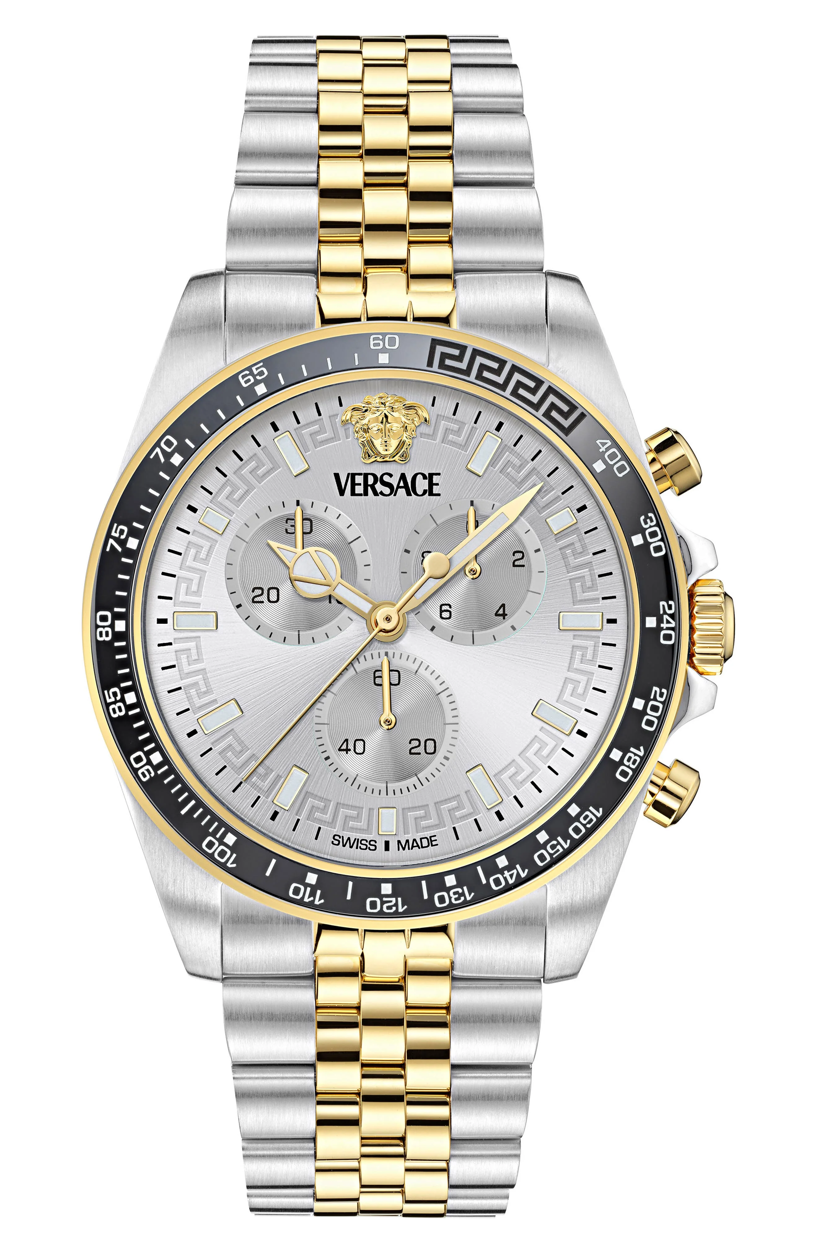 Versace Greca Chronograph Wave Two-Tone Bracelet Watch, 43mm in Two Tone Silver at Nordstrom - 1