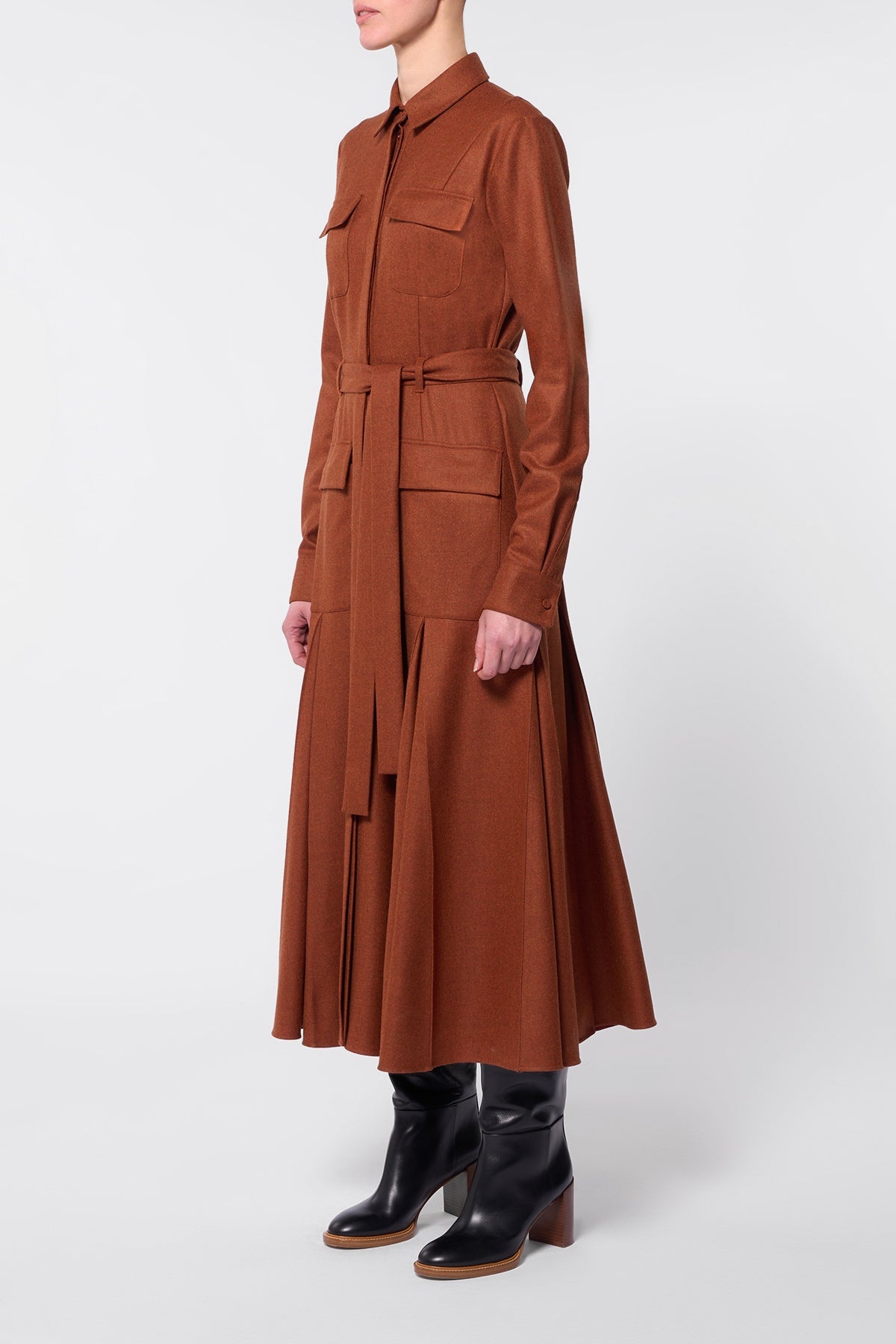 Roe Pleated Shirtdress in Rust Melange Virgin Wool Cashmere Flannel - 3