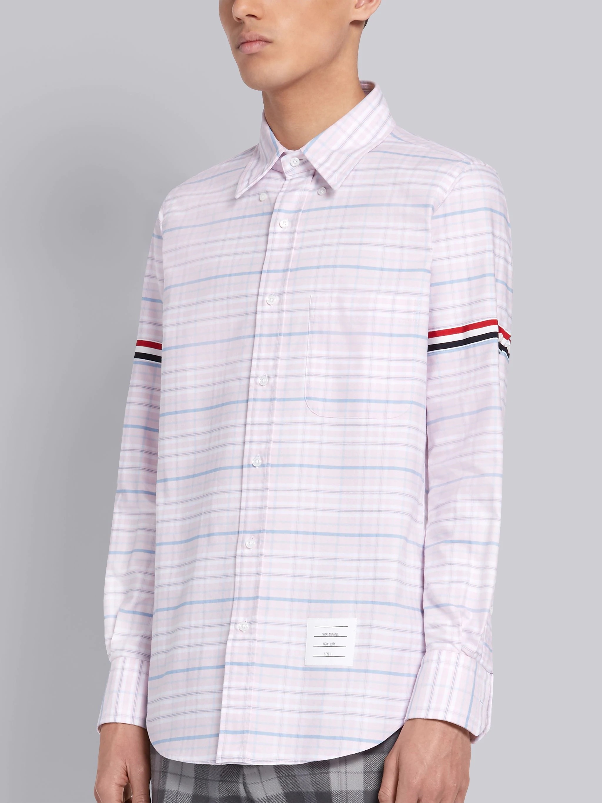 Pink Tricolor Cotton Oxford Check Grosgrain Armband Long Sleeve Shirt - 2