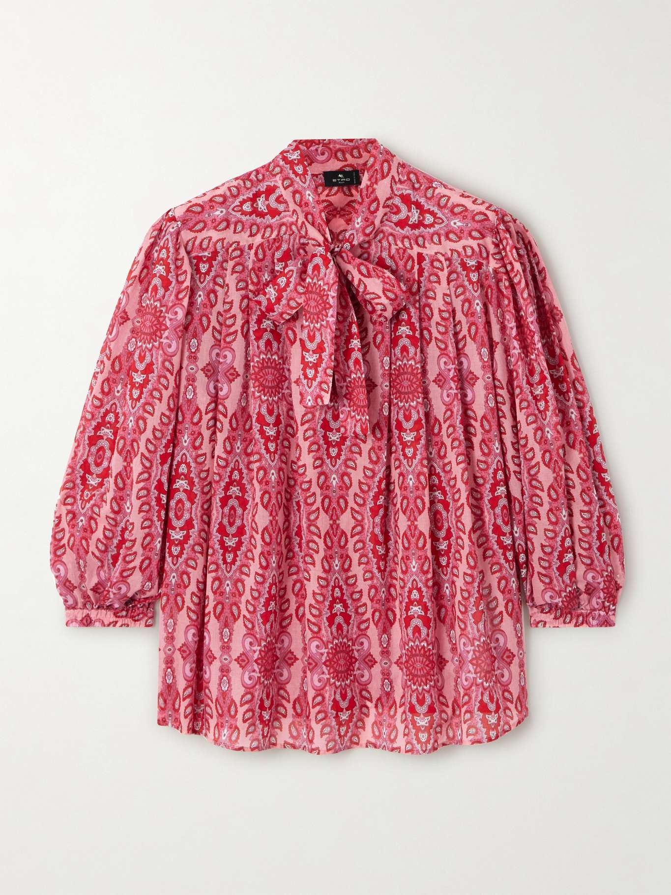 Pussy-bow pleated paisley-print cotton-poplin blouse Pink - 1