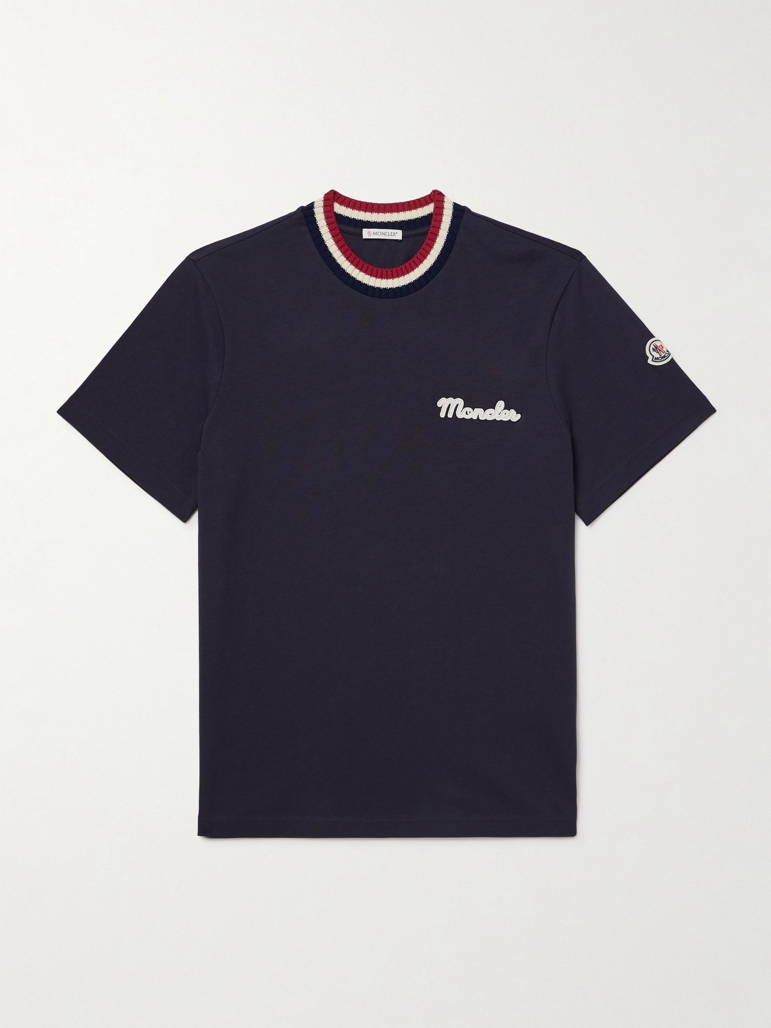 Striped Stretch-Knit Trimmed Logo-Appliquéd Cotton-Jersey T-Shirt Navy - 1