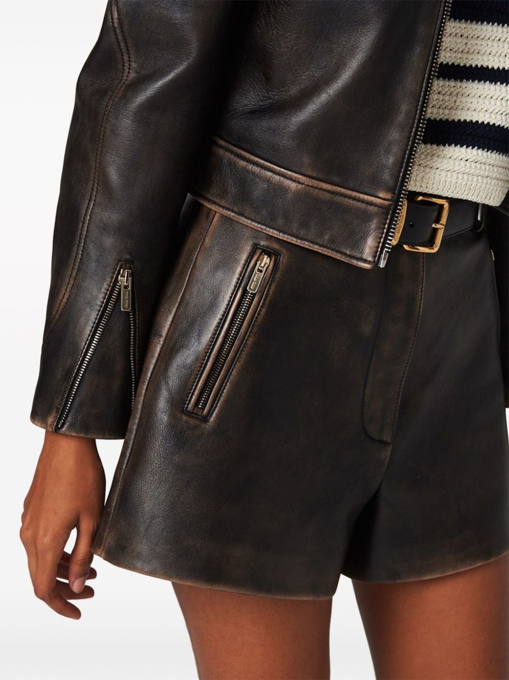 distressed leather mini shorts - 3