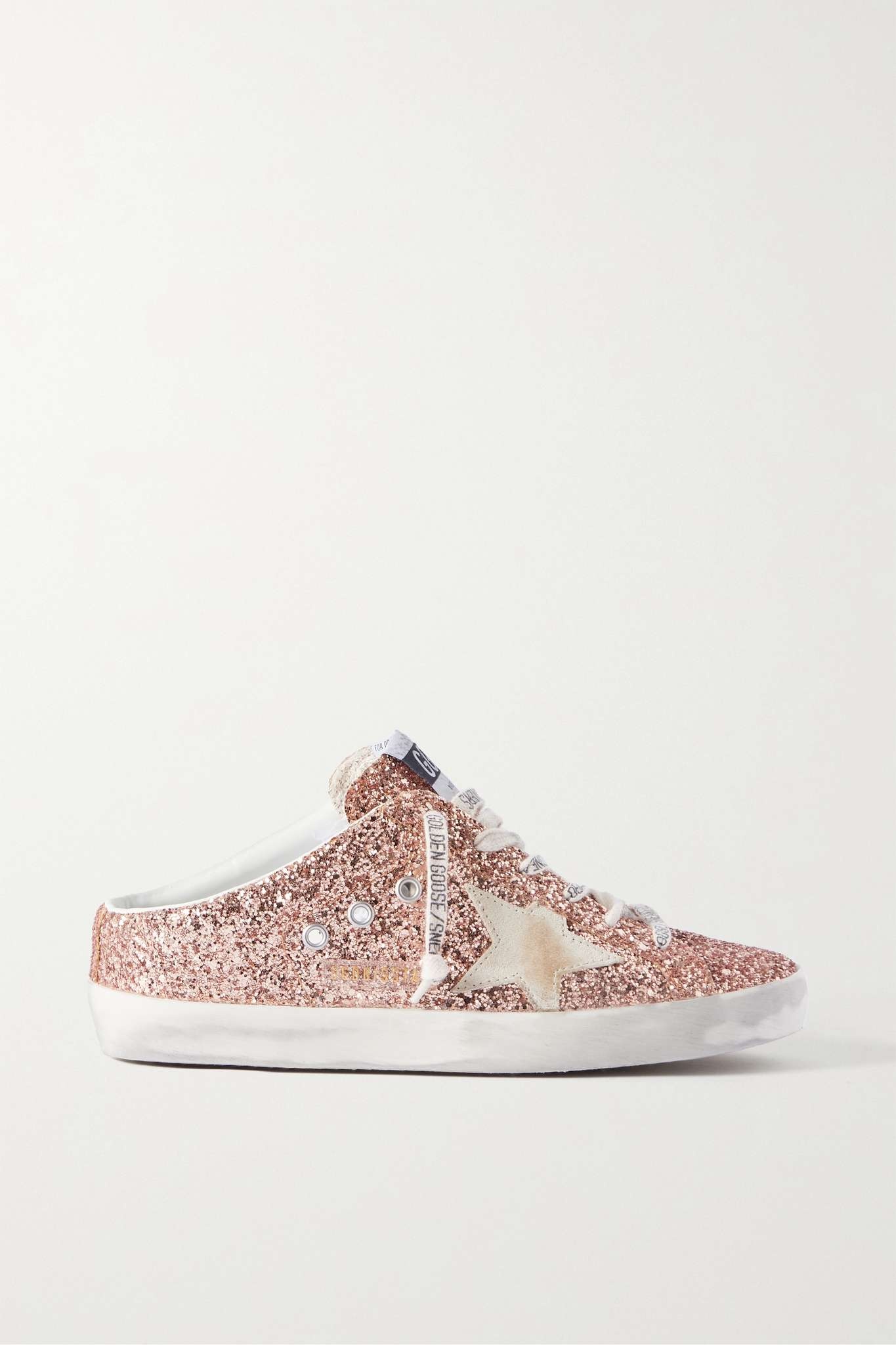 Super-Star Sabot distressed suede-trimmed glittered leather slip-on sneakers - 1
