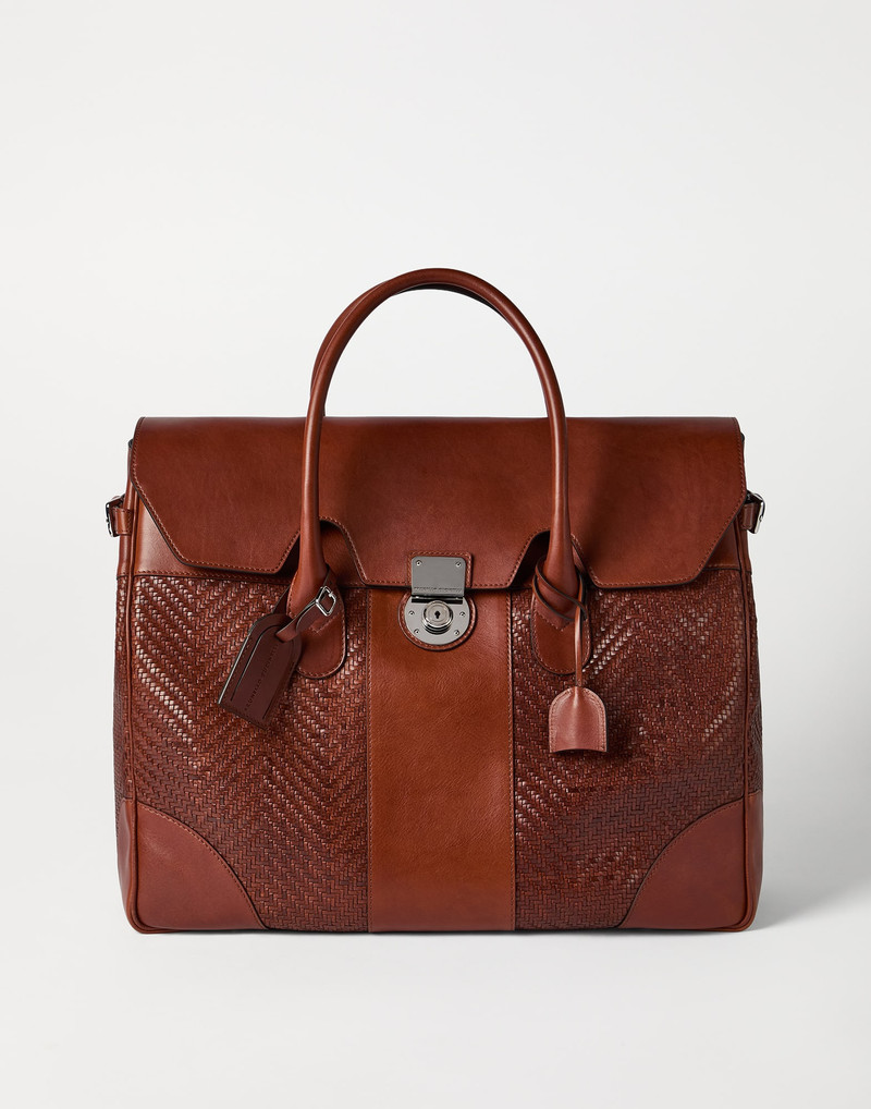 Braided leather and cowhide boston bag 1