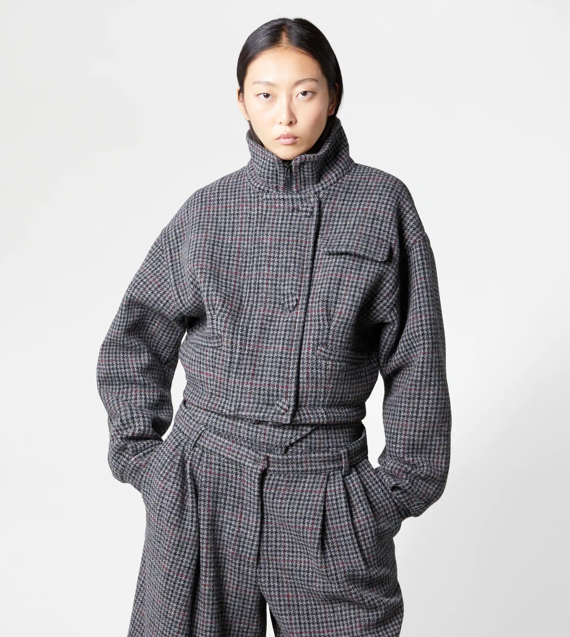 CROPPED PADDED JACKET IN WOOL - BLACK, GREY, RED - 6