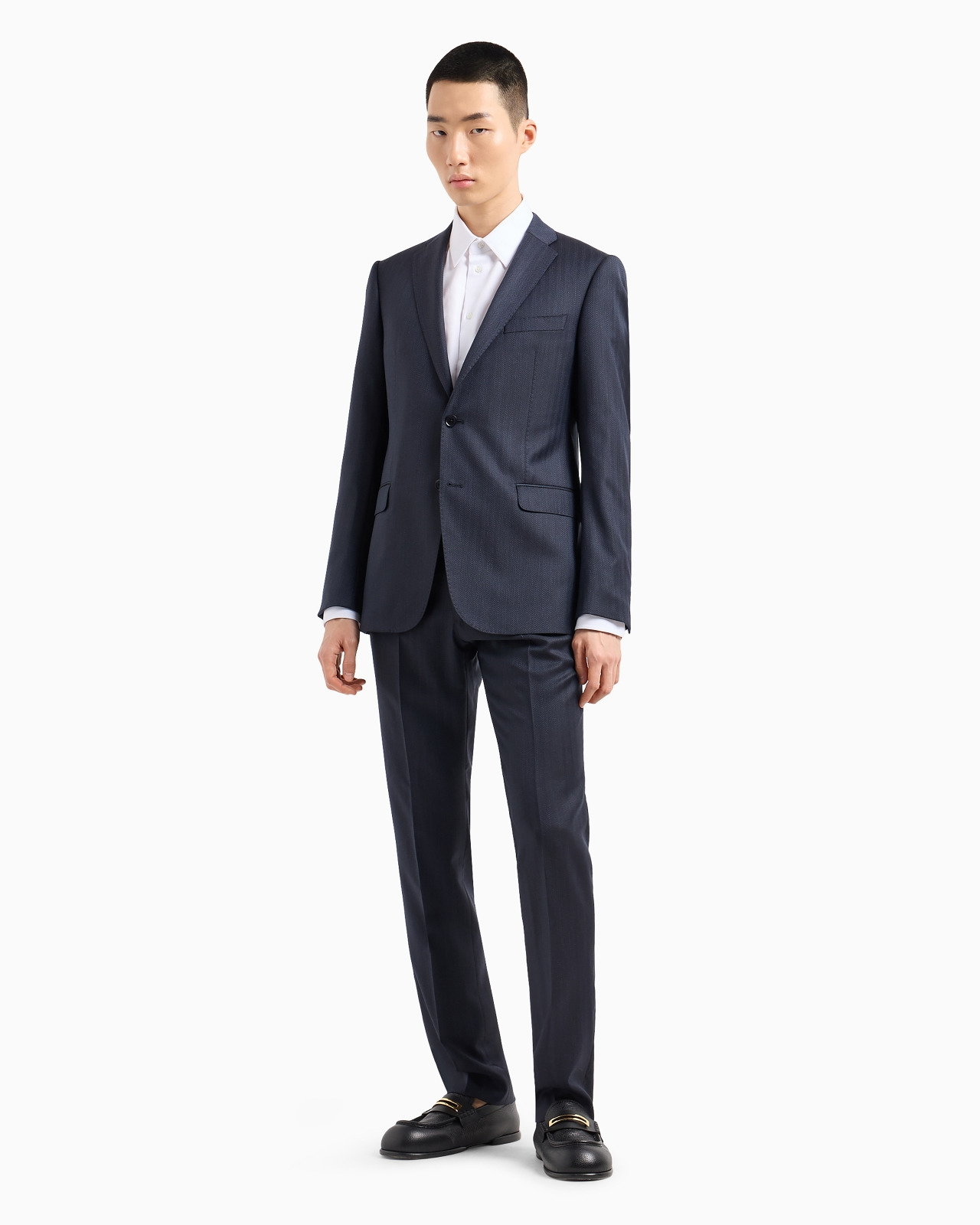 Single-breasted, slim-fit suit in superfine wool with a striped chevron motif - 2