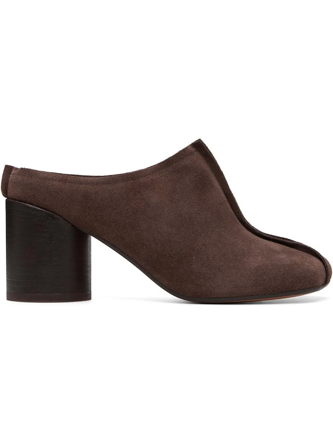 Brown Suede Anatomic Stitch Toe Mule Heels - 1