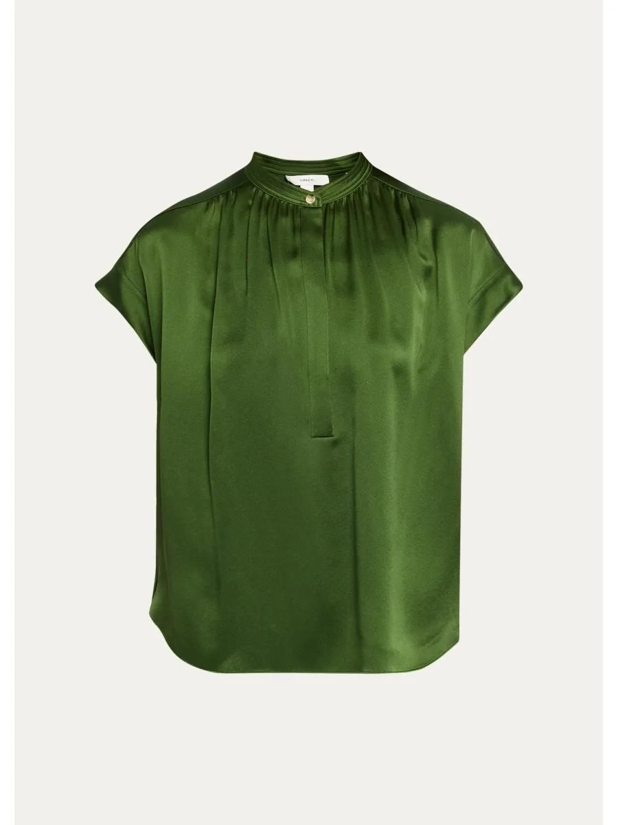 Gathered Cap-Sleeve Silk Top - 1