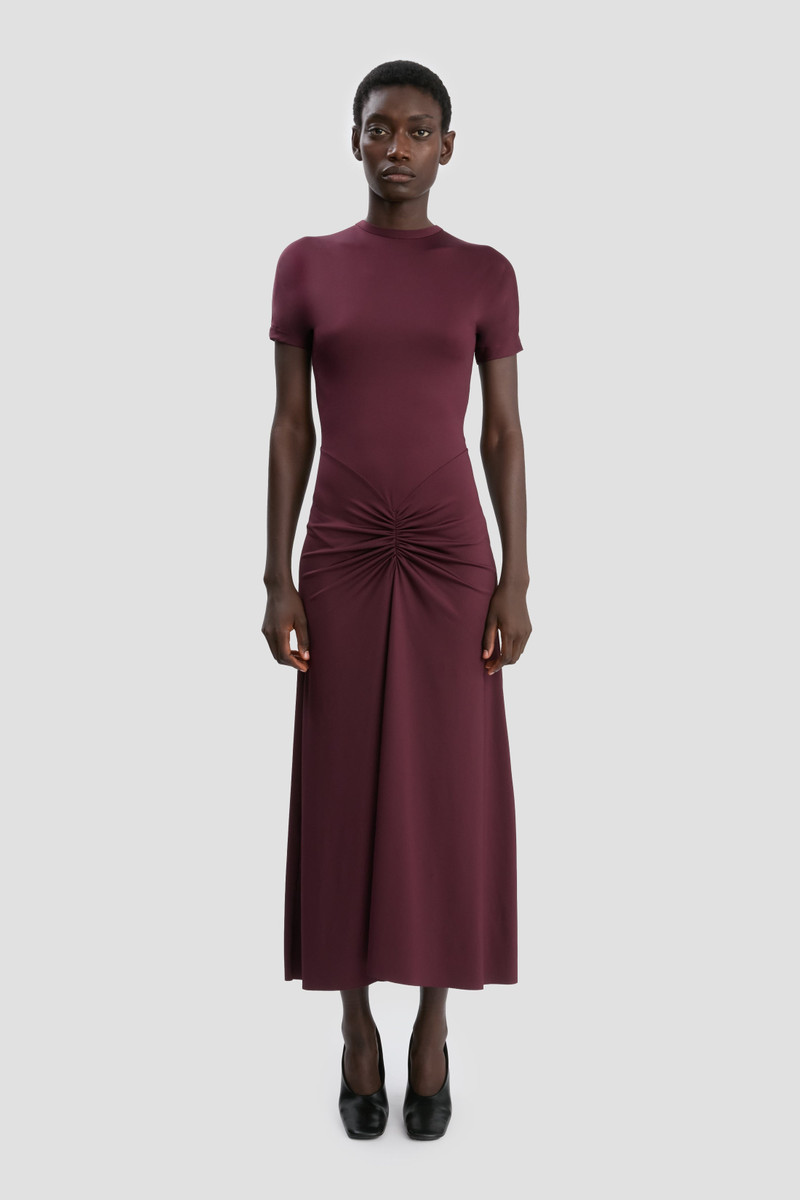 Victoria Beckham Gathered Waist T-Shirt Midi Dress In Merlot outlook
