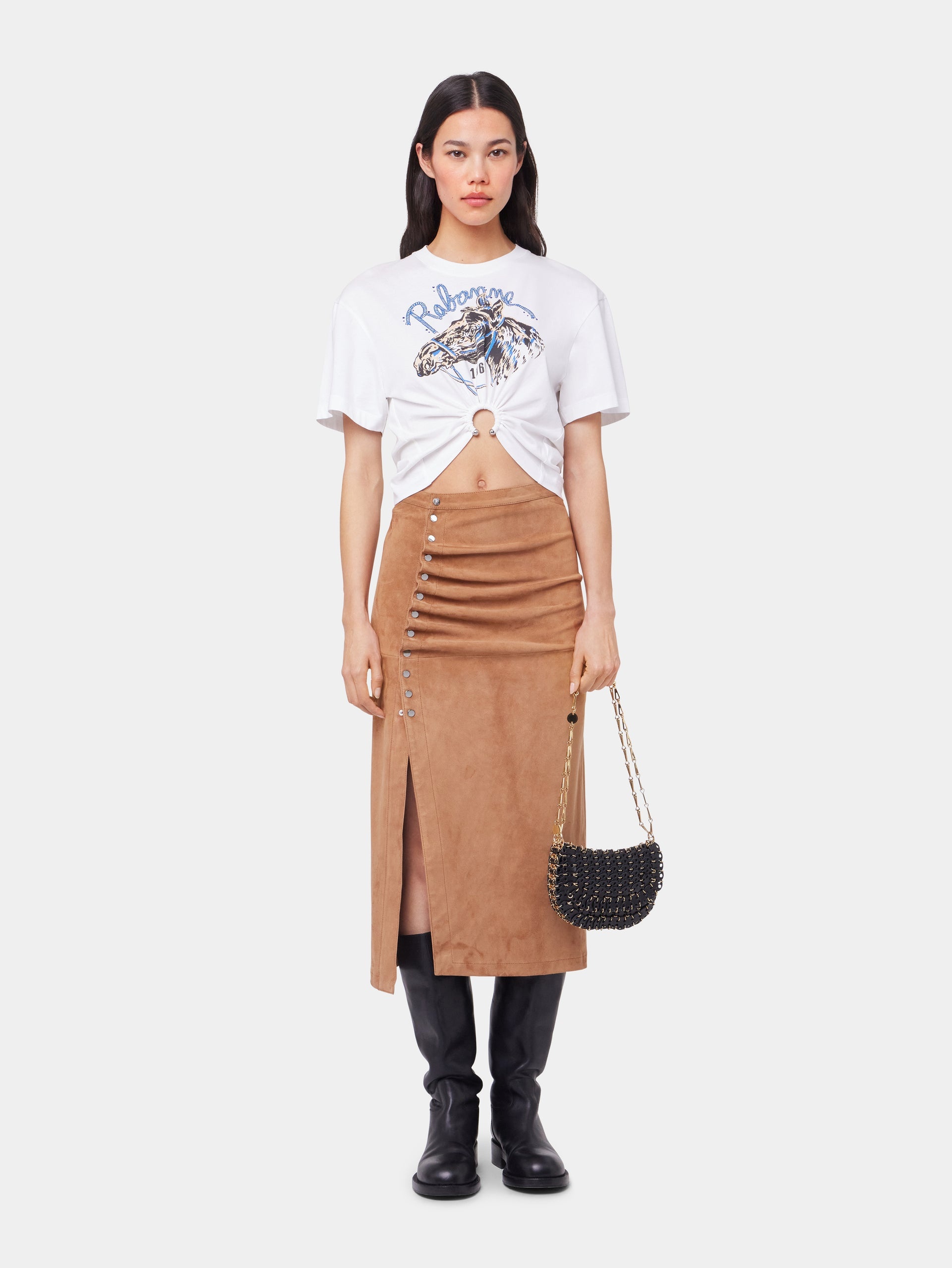 CARAMEL LONG DRAPED SKIRT IN LEATHER - 2