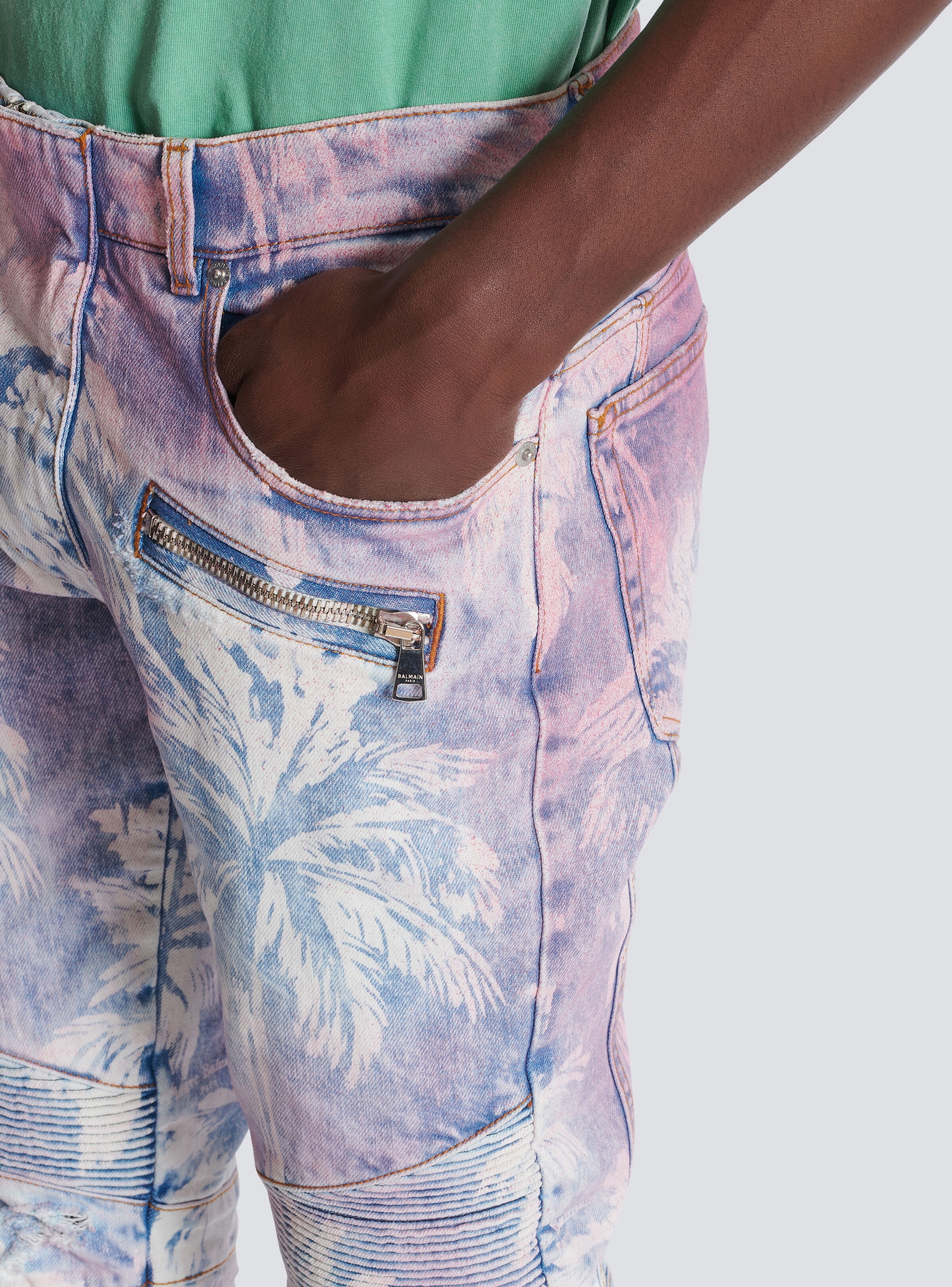 Denim biker jeans with a palm tree print - 8