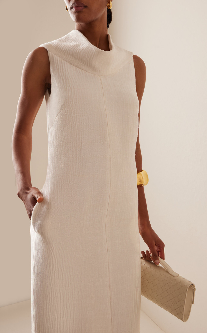 BRANDON MAXWELL The Blair Pleated Sponge Silk Midi Dress off-white outlook